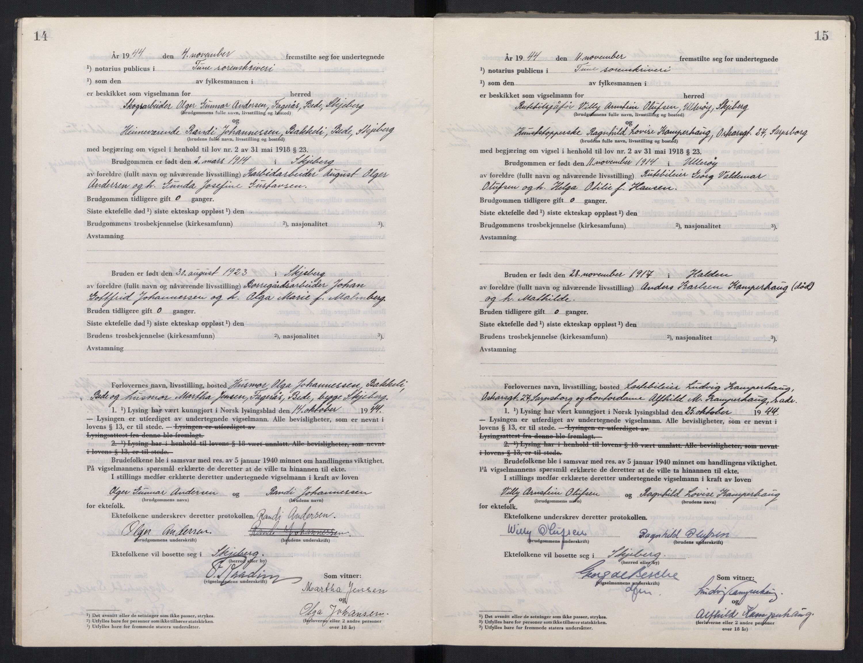 Tune sorenskriveri, AV/SAO-A-10470/L/Lb/L0003: Vigselprotokoll, 1944-1951, p. 14-15