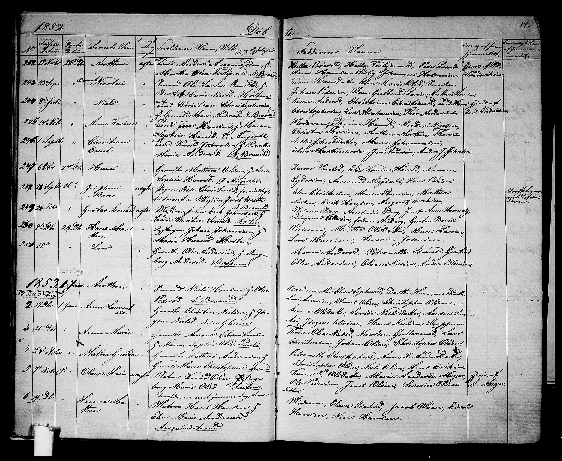 Borre kirkebøker, AV/SAKO-A-338/G/Ga/L0002: Parish register (copy) no. I 2, 1852-1871, p. 14