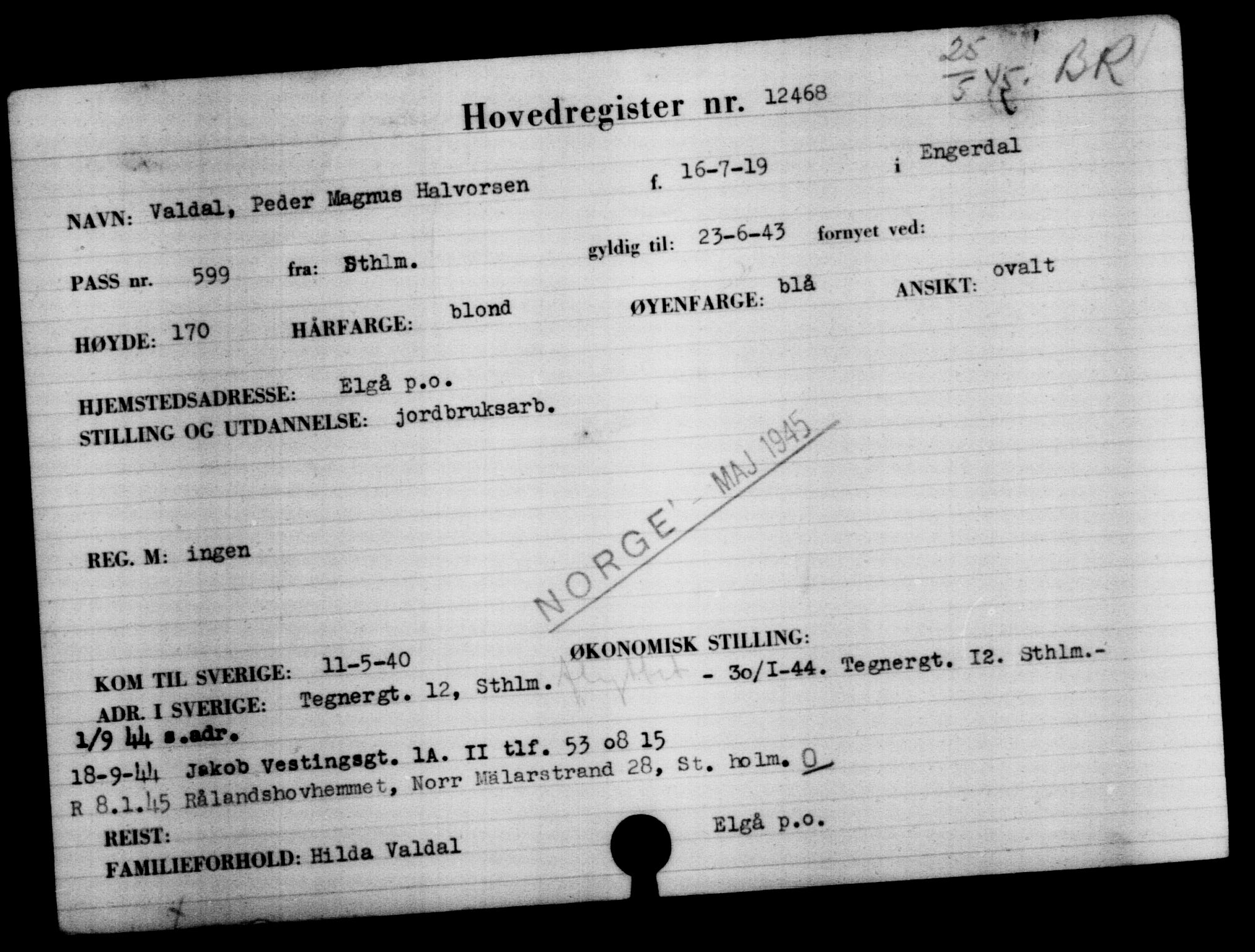 Utenriksstasjonene, Legasjonen i Stockholm, Flyktningkontoret, AV/RA-S-6753/V/Va/L0006: Kjesäterkartoteket, flyktninger med registreringsnr. 9400-12711, 1940-1945, p. 3501
