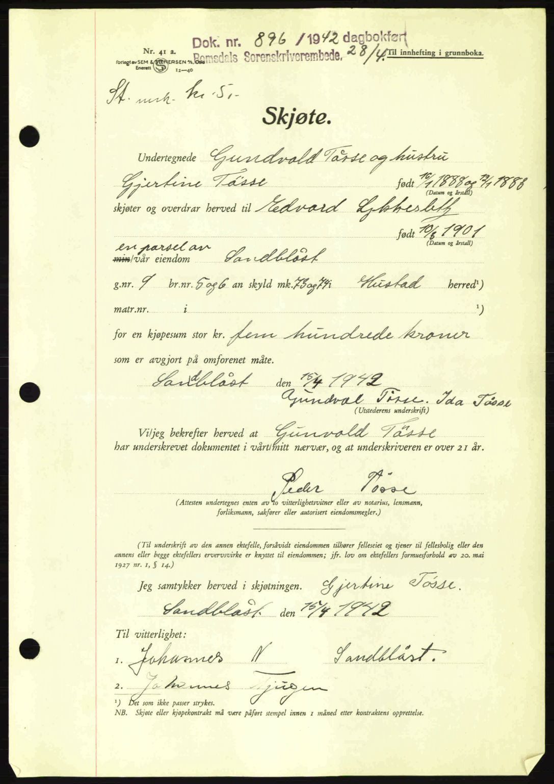 Romsdal sorenskriveri, AV/SAT-A-4149/1/2/2C: Mortgage book no. A12, 1942-1942, Diary no: : 896/1942