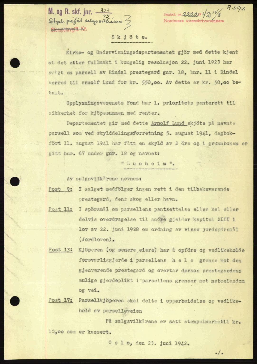 Nordmøre sorenskriveri, AV/SAT-A-4132/1/2/2Ca: Mortgage book no. A93, 1942-1942, Diary no: : 2222/1942