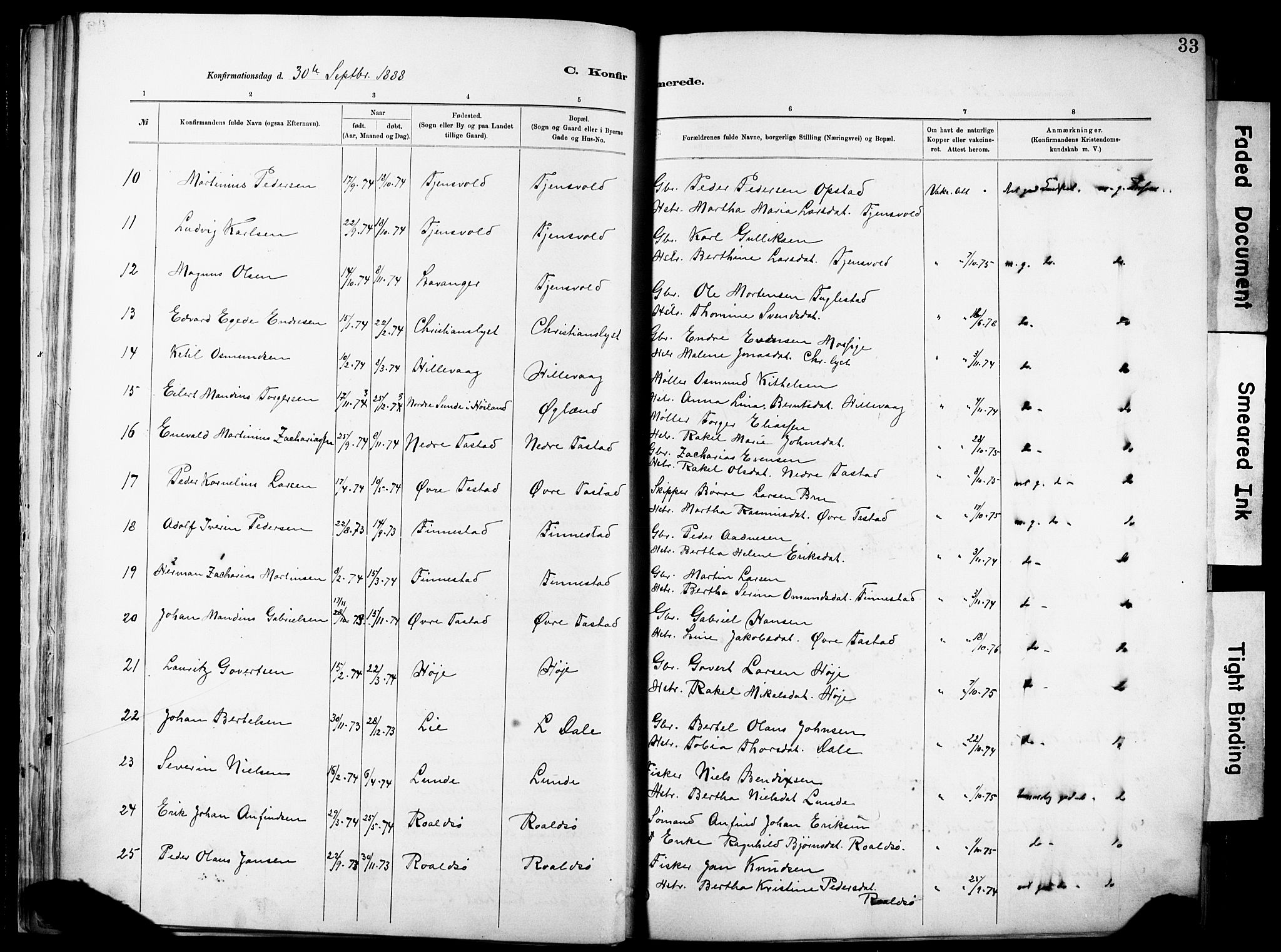 Hetland sokneprestkontor, SAST/A-101826/30/30BA/L0012: Parish register (official) no. A 12, 1882-1912, p. 33