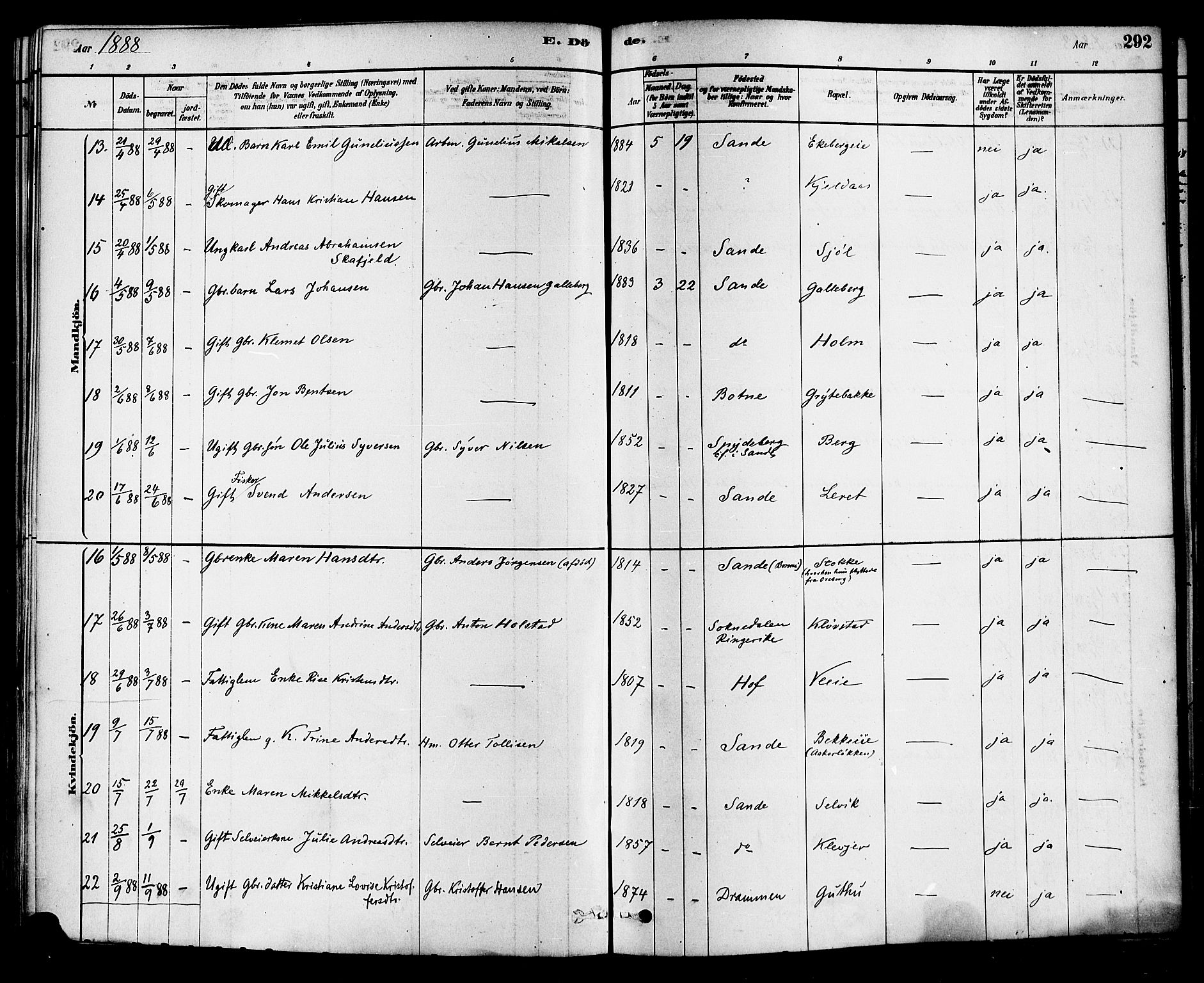 Sande Kirkebøker, AV/SAKO-A-53/F/Fa/L0006: Parish register (official) no. 6, 1878-1888, p. 292