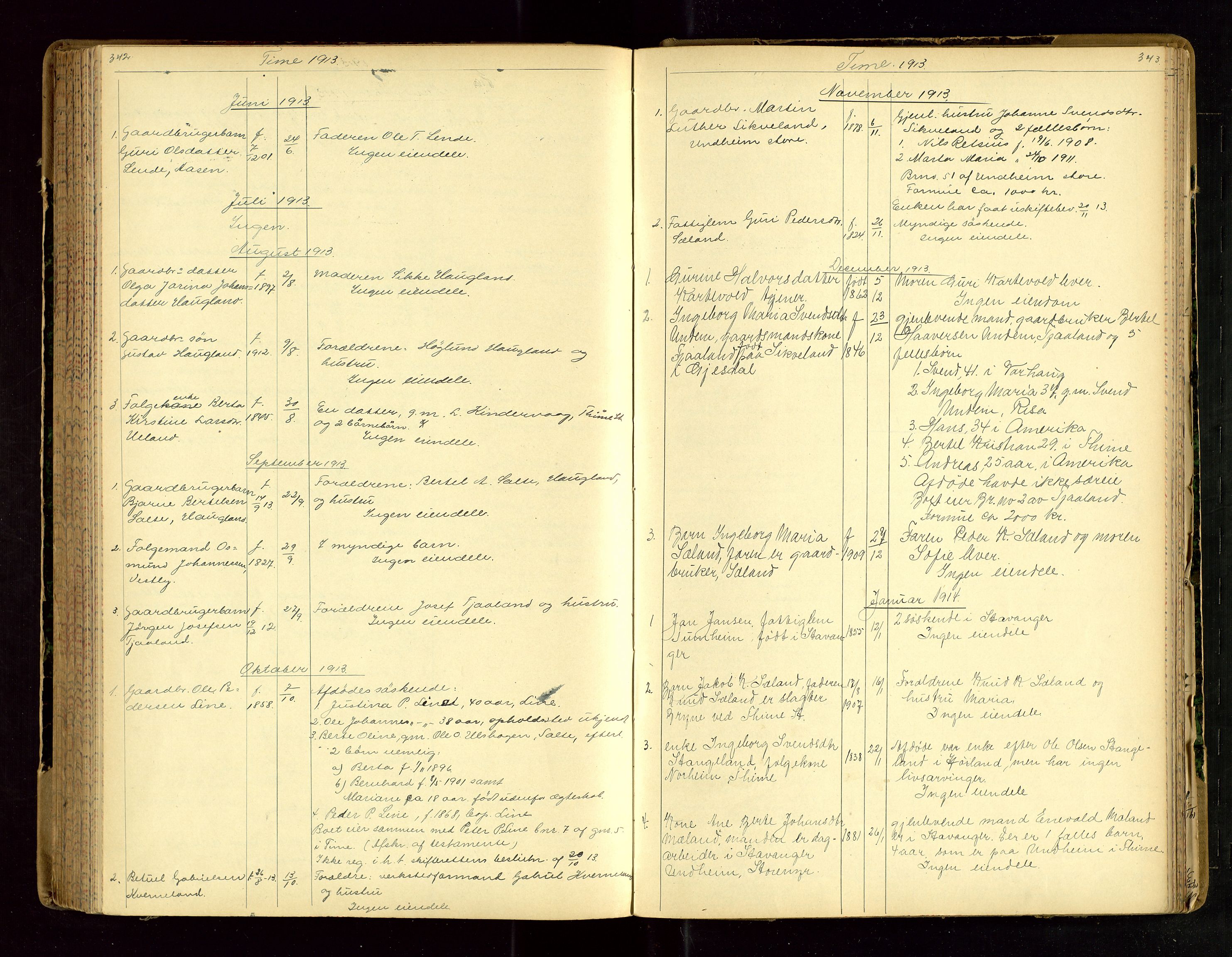 Jæren sorenskriveri, SAST/A-100310/01/5/52/52B/L0003: DØDSFALLPROTOKOLL, 1910-1916, p. 342-343