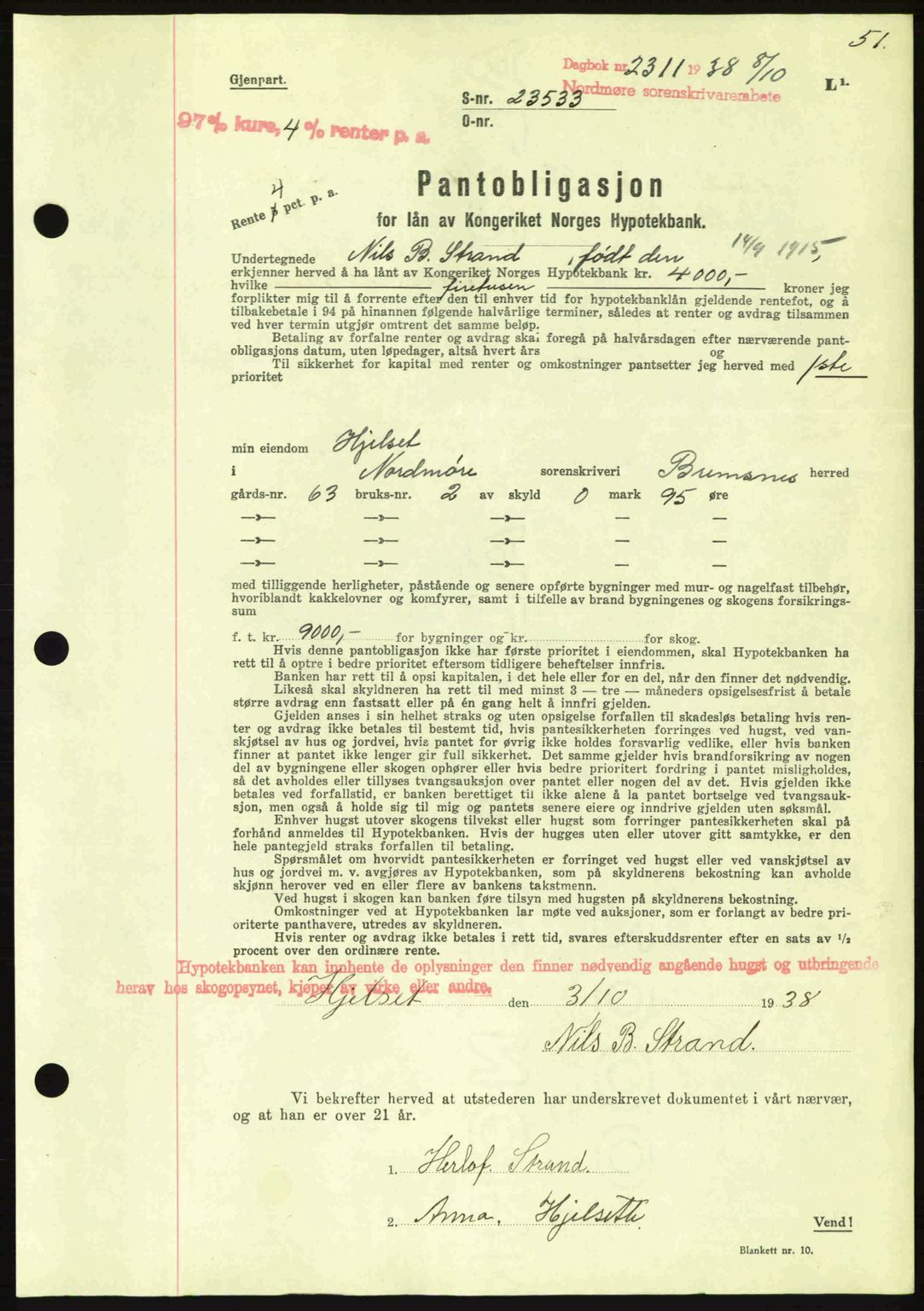 Nordmøre sorenskriveri, SAT/A-4132/1/2/2Ca: Mortgage book no. B84, 1938-1939, Diary no: : 2311/1938