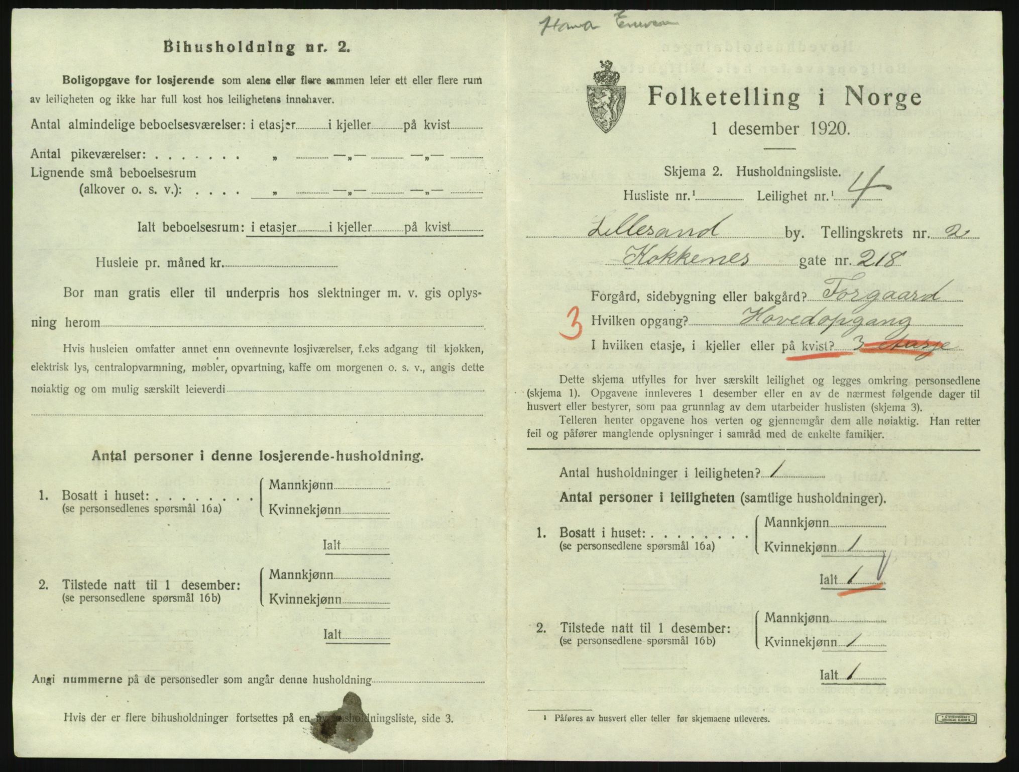 SAK, 1920 census for Lillesand, 1920, p. 1101