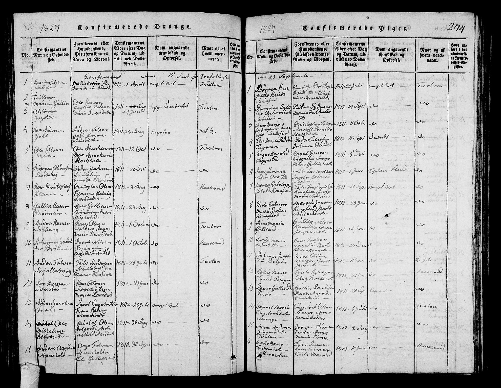 Sandar kirkebøker, SAKO/A-243/G/Ga/L0001: Parish register (copy) no. 1, 1814-1835, p. 274
