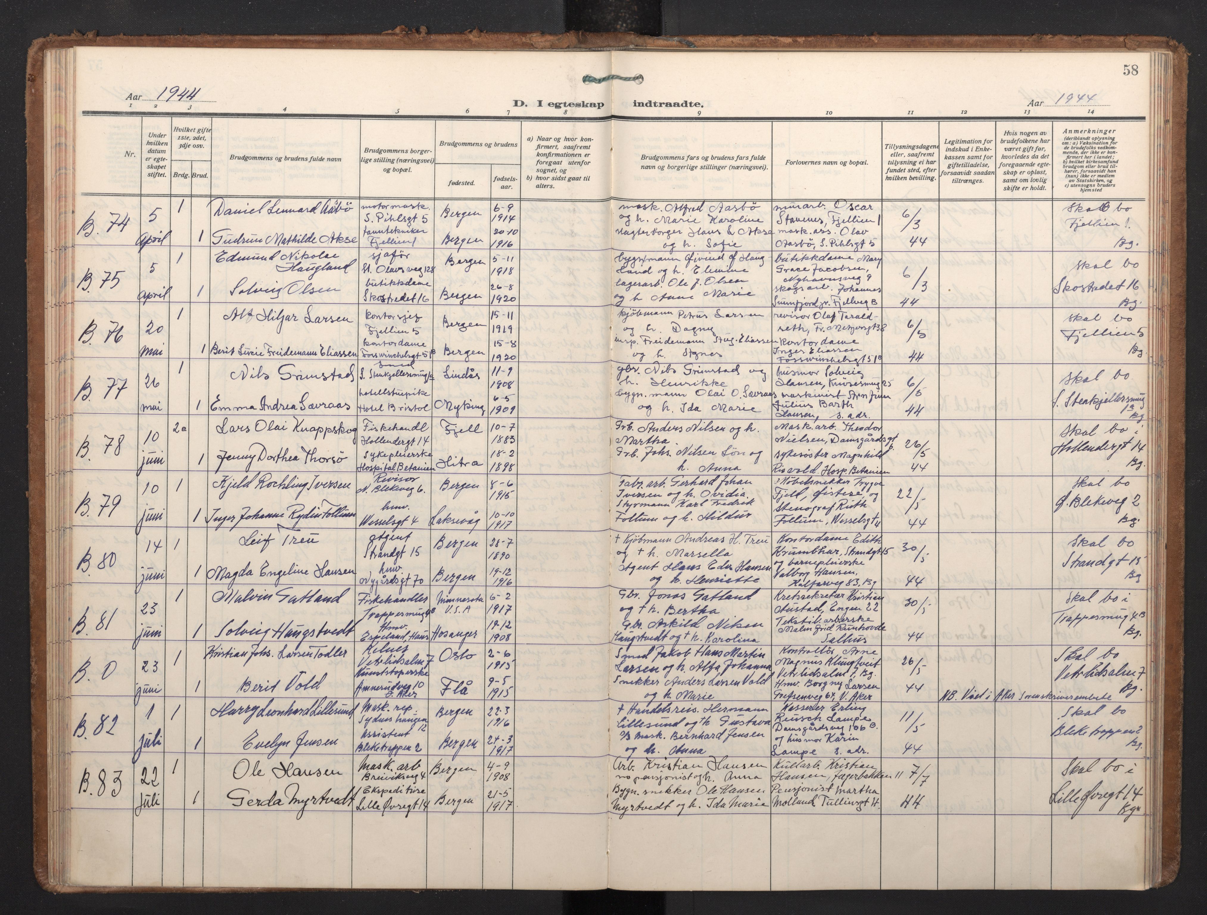 Korskirken sokneprestembete, AV/SAB-A-76101/H/Haa/L0040: Parish register (official) no. D 7, 1938-1952, p. 57b-58a