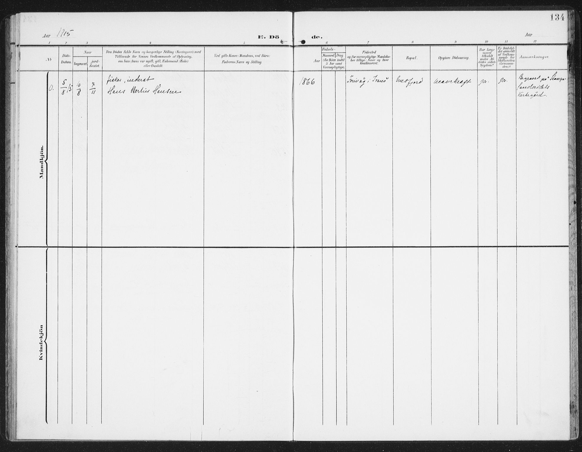 Berg sokneprestkontor, AV/SATØ-S-1318/G/Ga/Gaa/L0007kirke: Parish register (official) no. 7, 1906-1915, p. 134