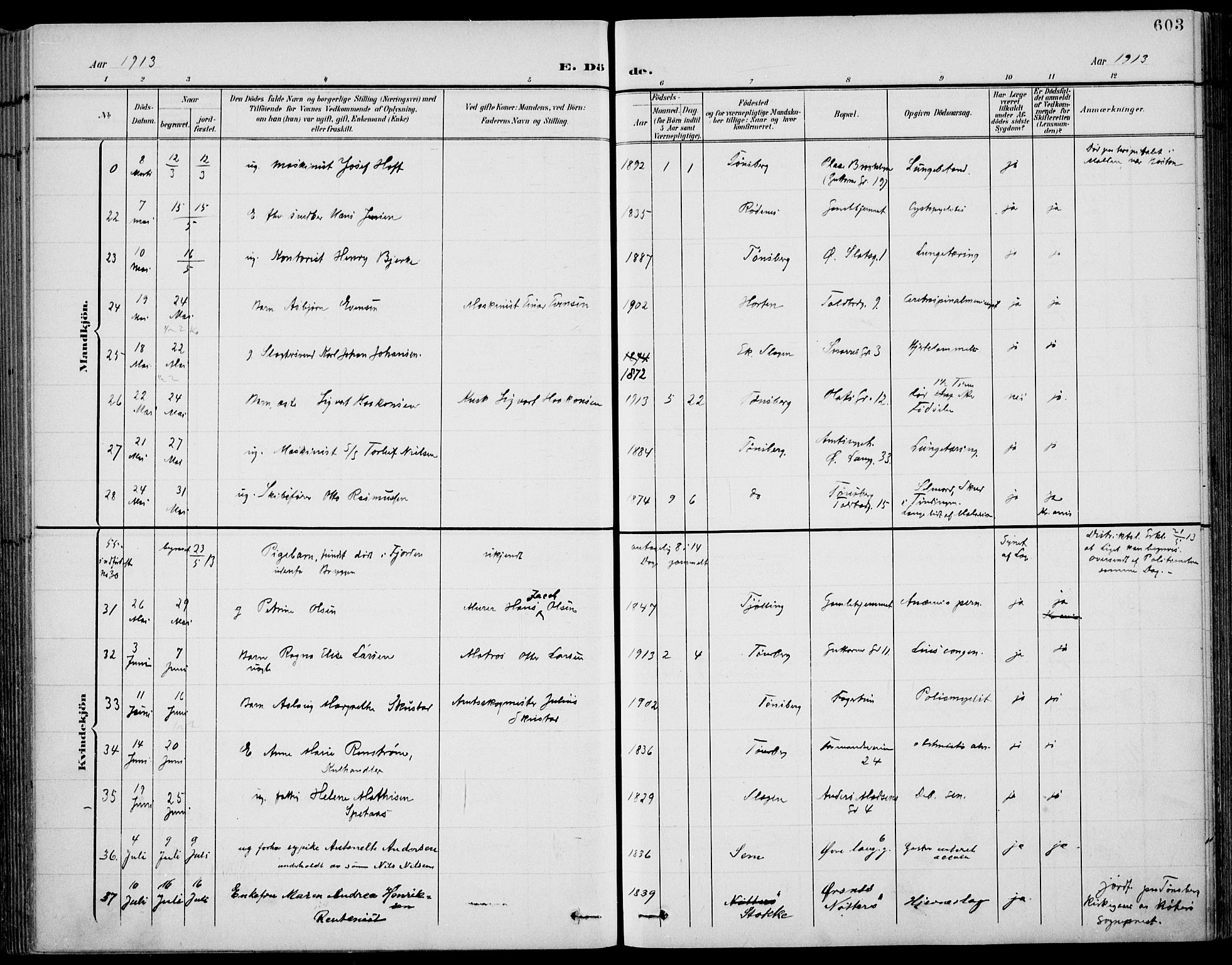 Tønsberg kirkebøker, AV/SAKO-A-330/F/Fa/L0013: Parish register (official) no. I 13, 1900-1913, p. 603