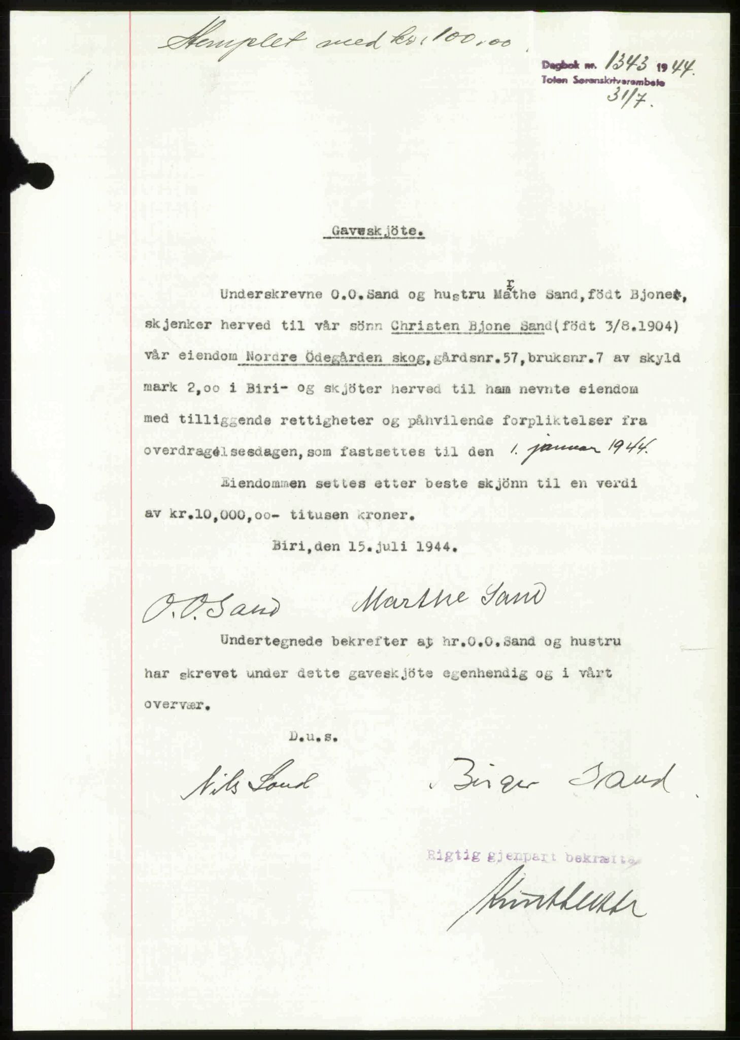 Toten tingrett, AV/SAH-TING-006/H/Hb/Hbc/L0012: Mortgage book no. Hbc-12, 1944-1944, Diary no: : 1343/1944