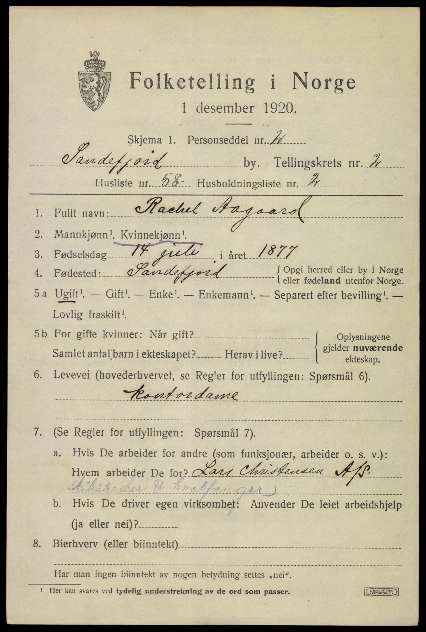 SAKO, 1920 census for Sandefjord, 1920, p. 6552