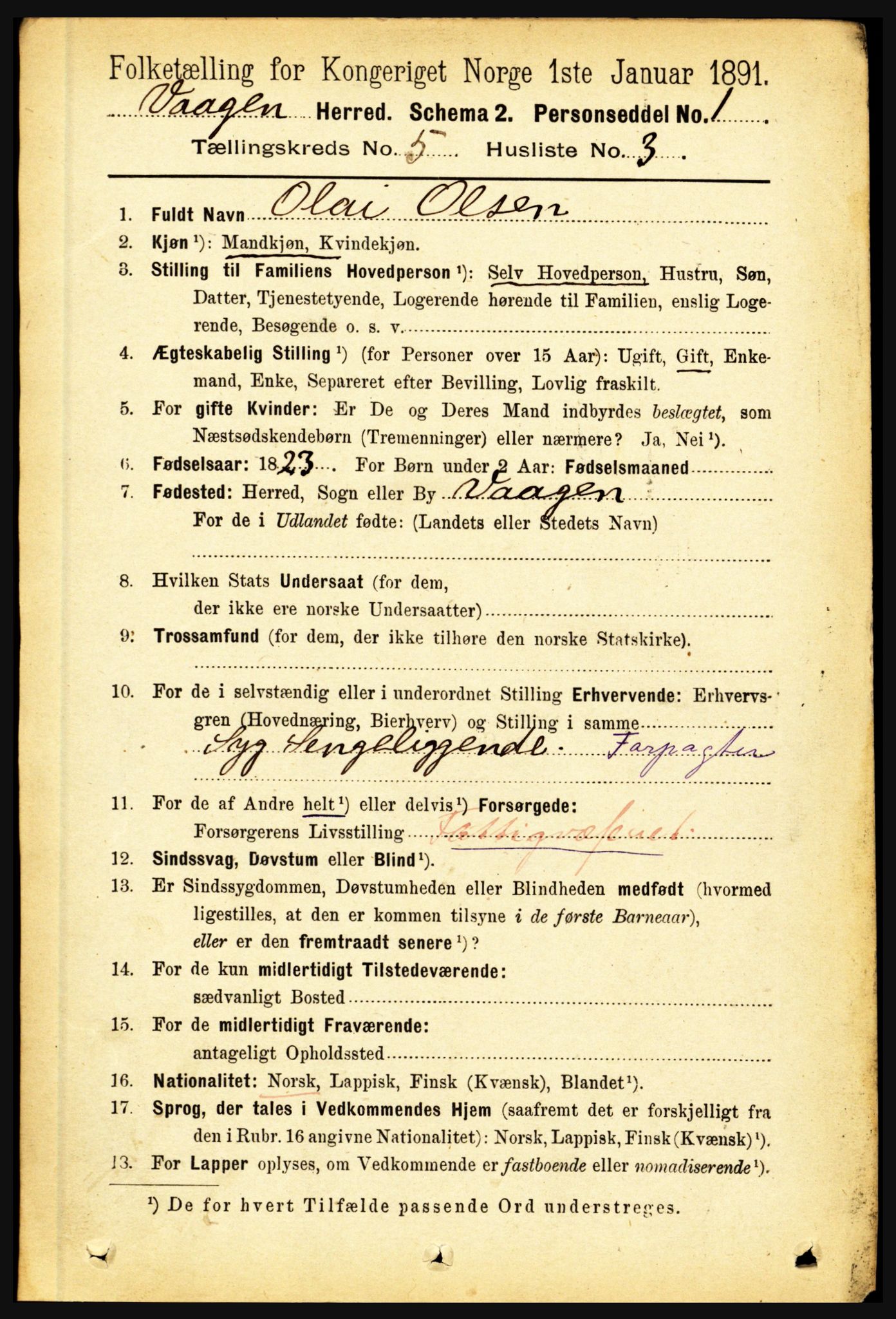 RA, 1891 census for 1865 Vågan, 1891, p. 1587