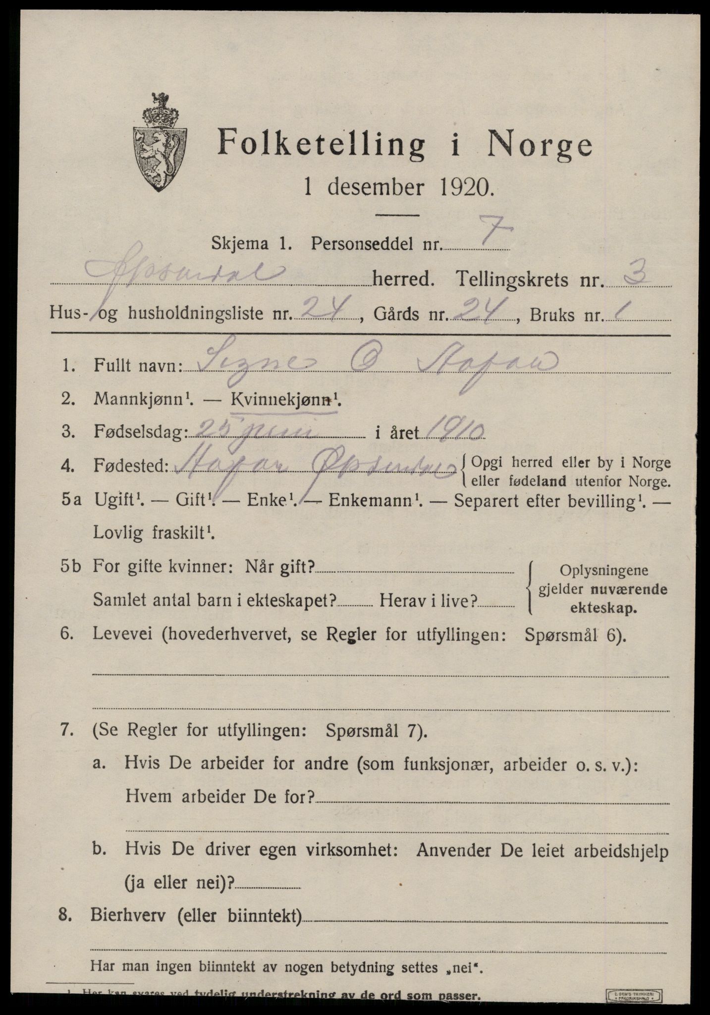 SAT, 1920 census for Øksendal, 1920, p. 1265