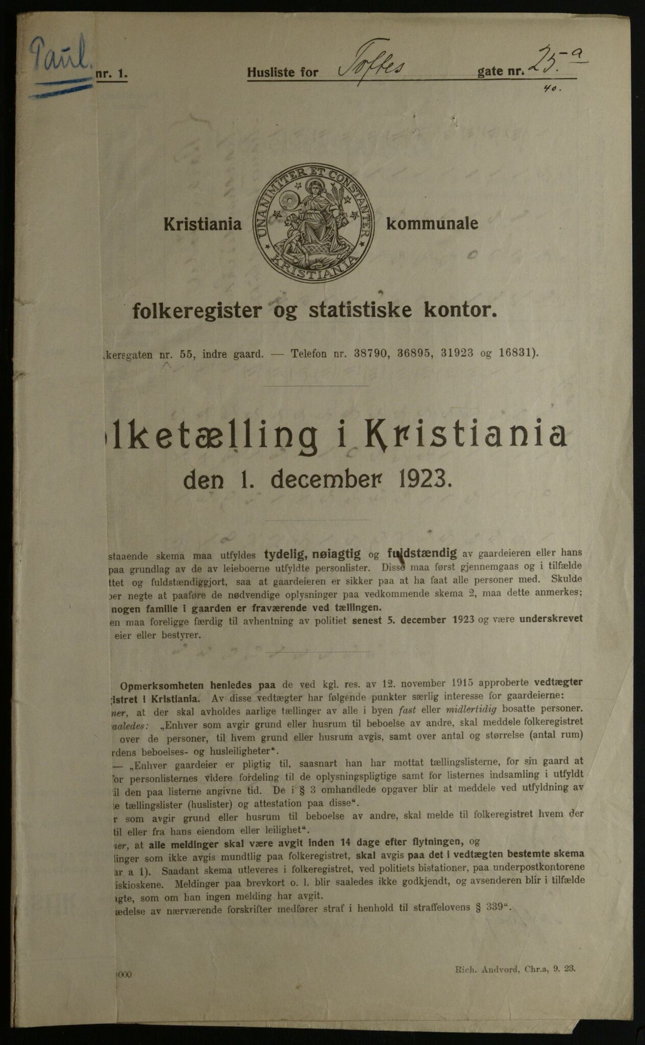 OBA, Municipal Census 1923 for Kristiania, 1923, p. 123611
