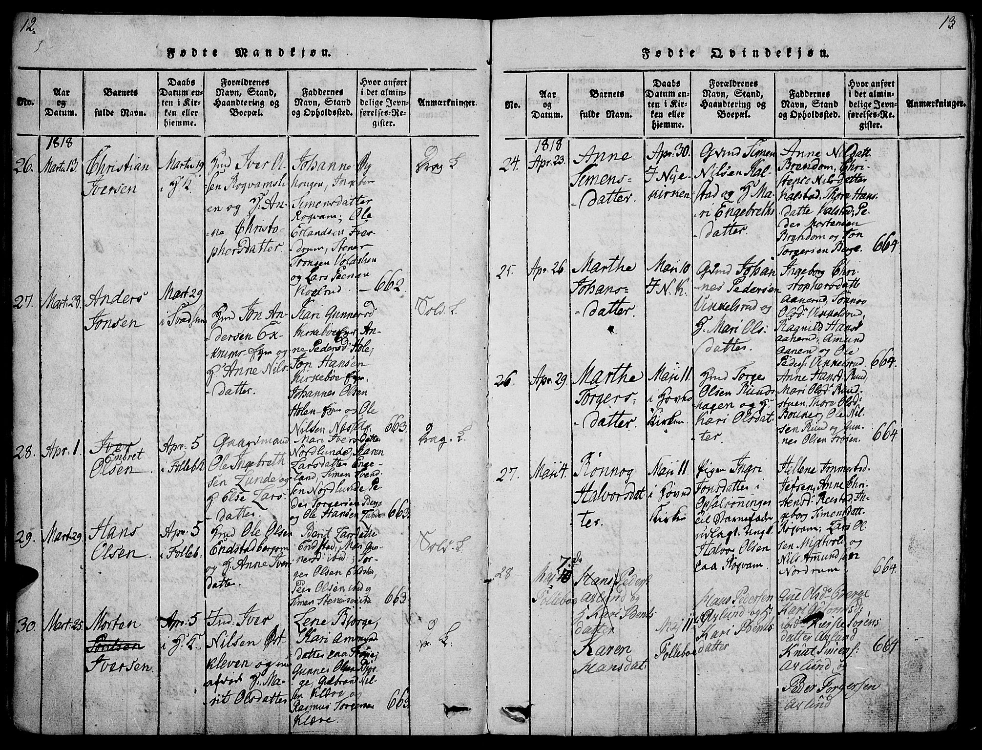 Gausdal prestekontor, AV/SAH-PREST-090/H/Ha/Haa/L0005: Parish register (official) no. 5, 1817-1829, p. 12-13