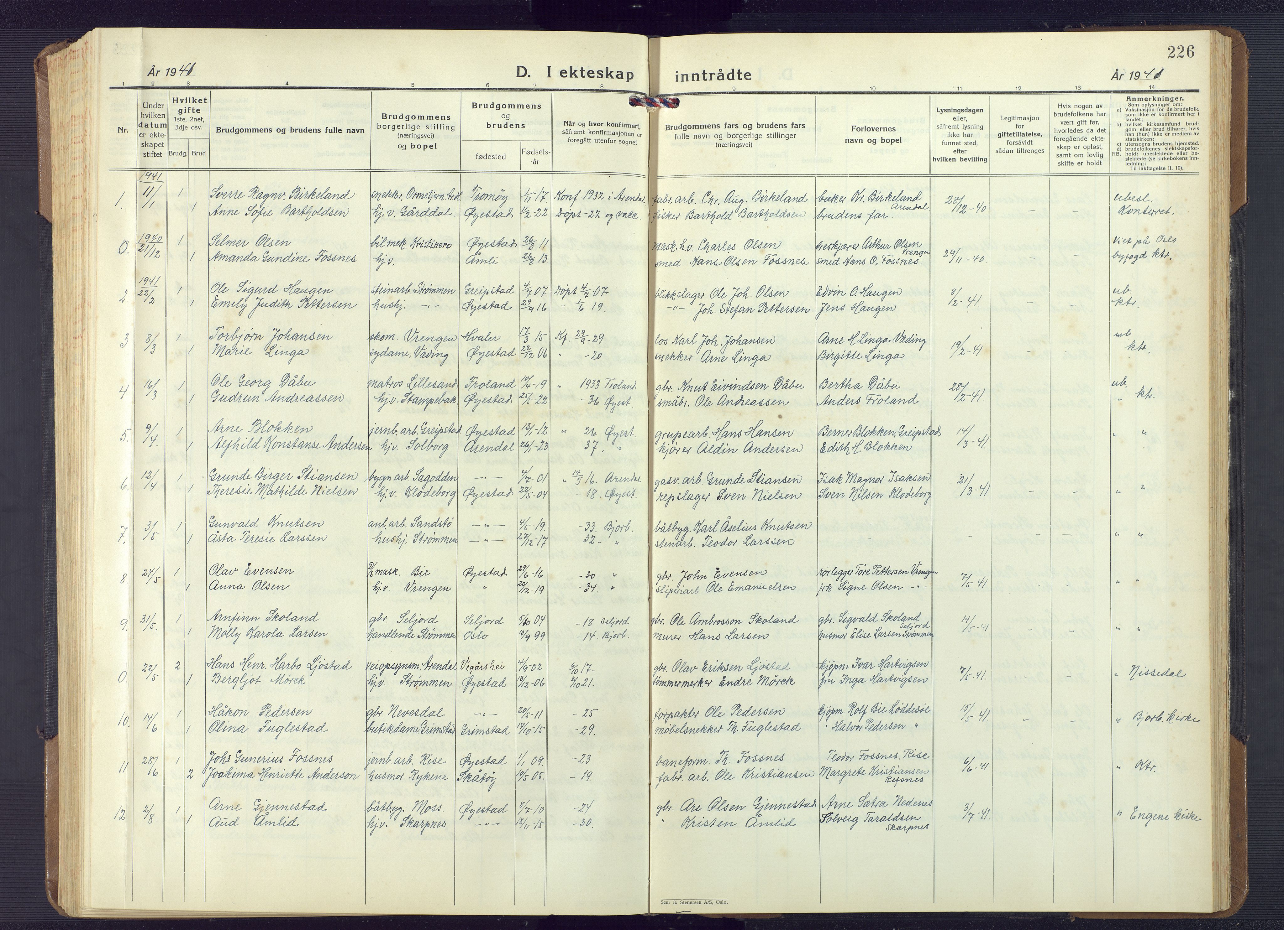 Øyestad sokneprestkontor, AV/SAK-1111-0049/F/Fb/L0013: Parish register (copy) no. B 13, 1933-1945, p. 226