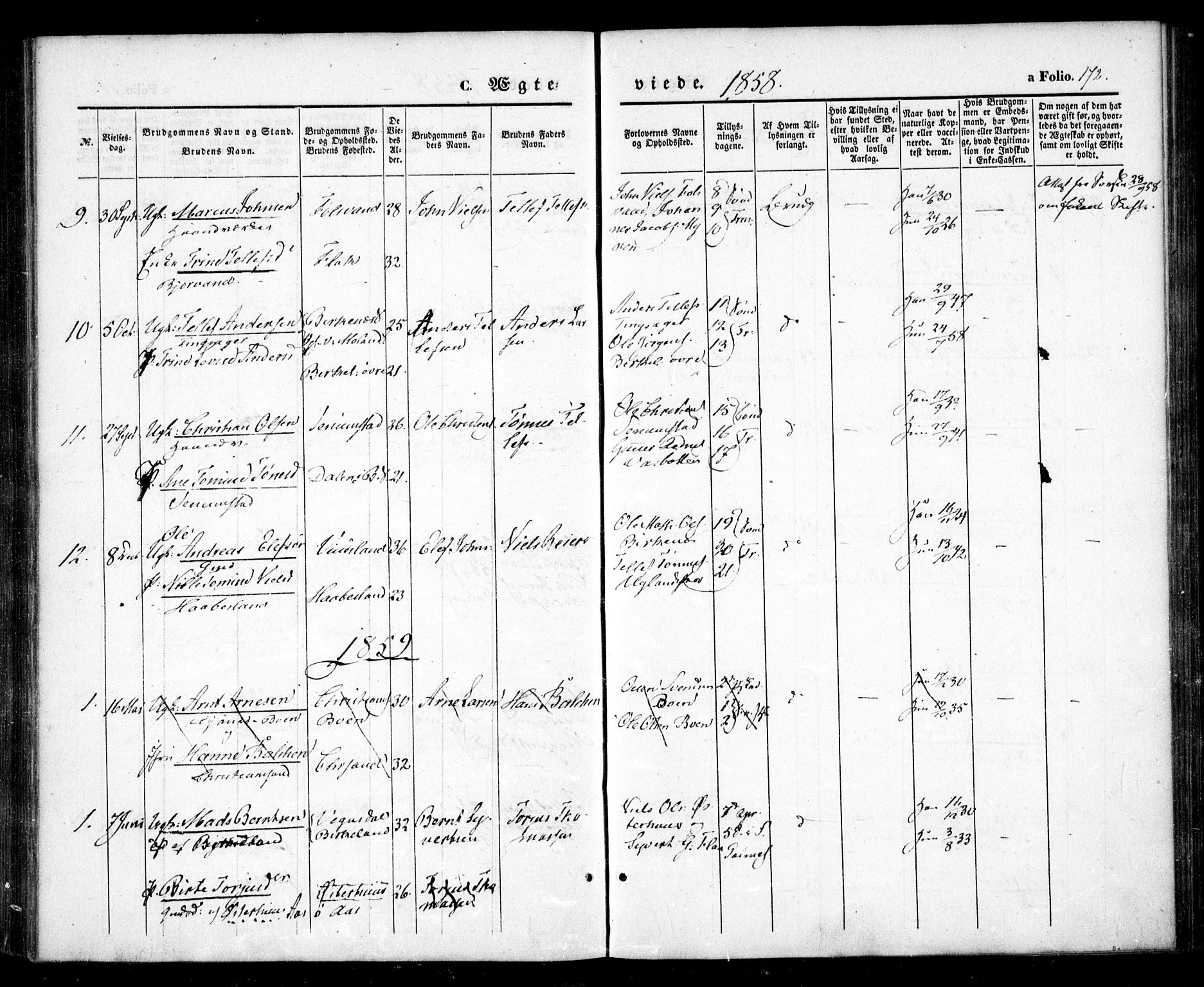 Birkenes sokneprestkontor, AV/SAK-1111-0004/F/Fa/L0003: Parish register (official) no. A 3, 1850-1866, p. 172