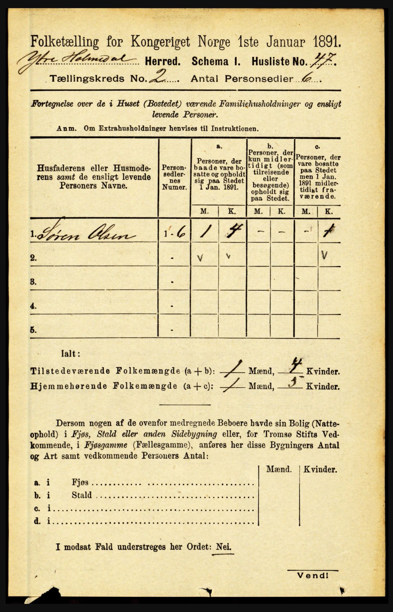 RA, 1891 census for 1429 Ytre Holmedal, 1891, p. 297