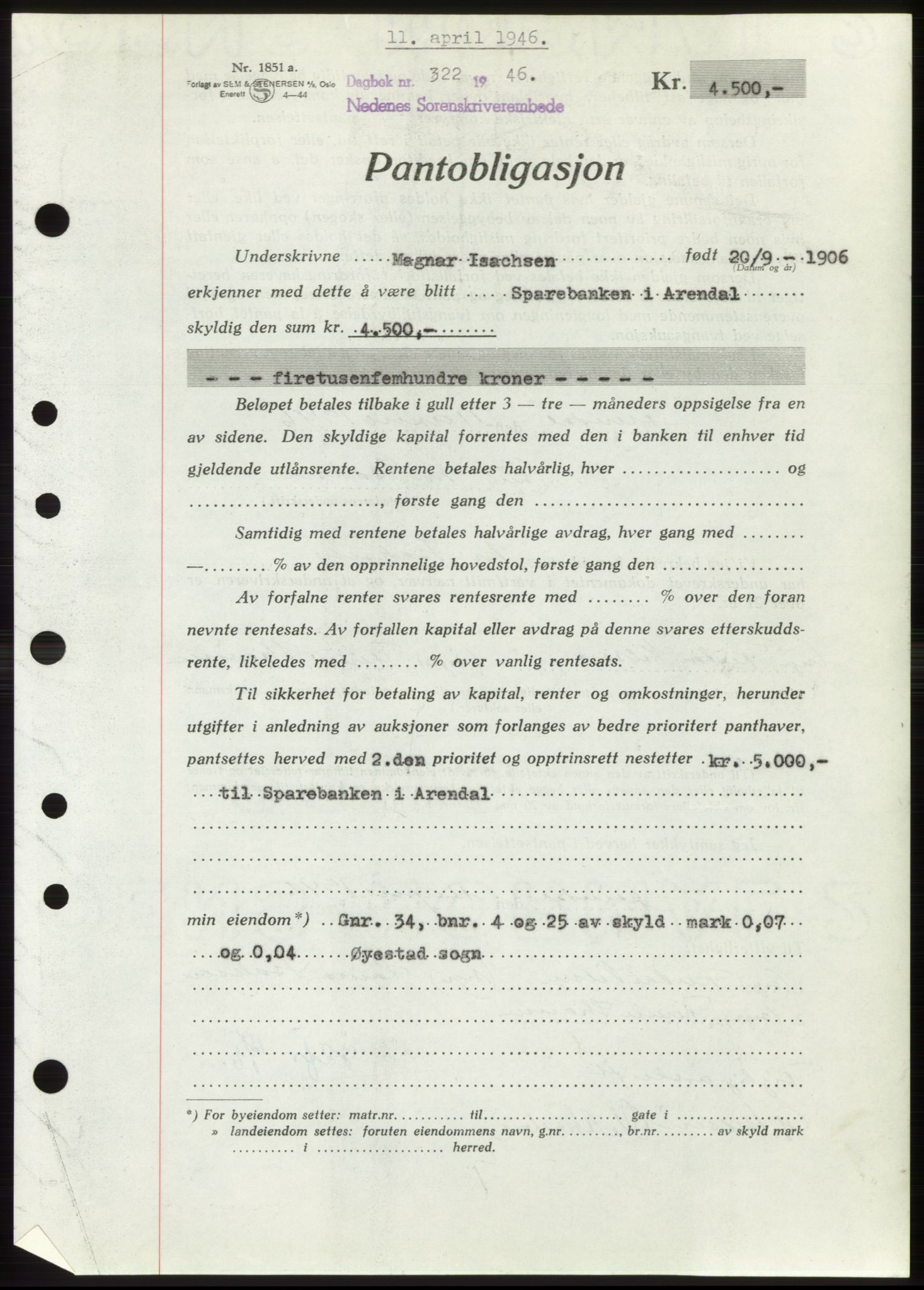 Nedenes sorenskriveri, SAK/1221-0006/G/Gb/Gbb/L0003: Mortgage book no. B3b, 1946-1946, Diary no: : 322/1946