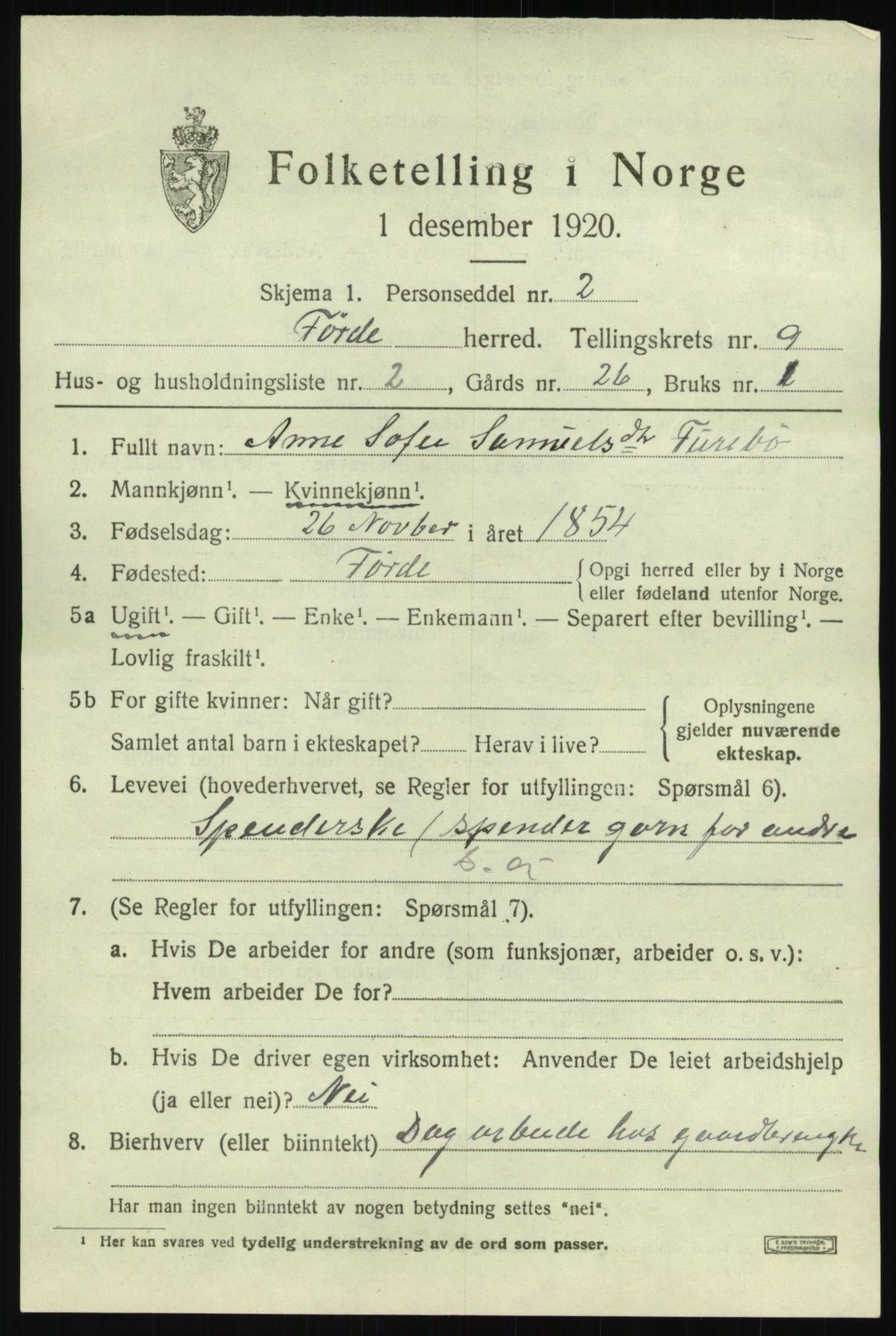 SAB, 1920 census for Førde, 1920, p. 3382