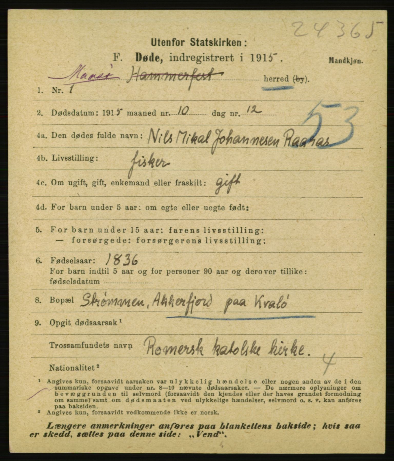 Statistisk sentralbyrå, Sosiodemografiske emner, Befolkning, AV/RA-S-2228/E/L0013: Fødte, gifte, døde dissentere., 1915, p. 3171