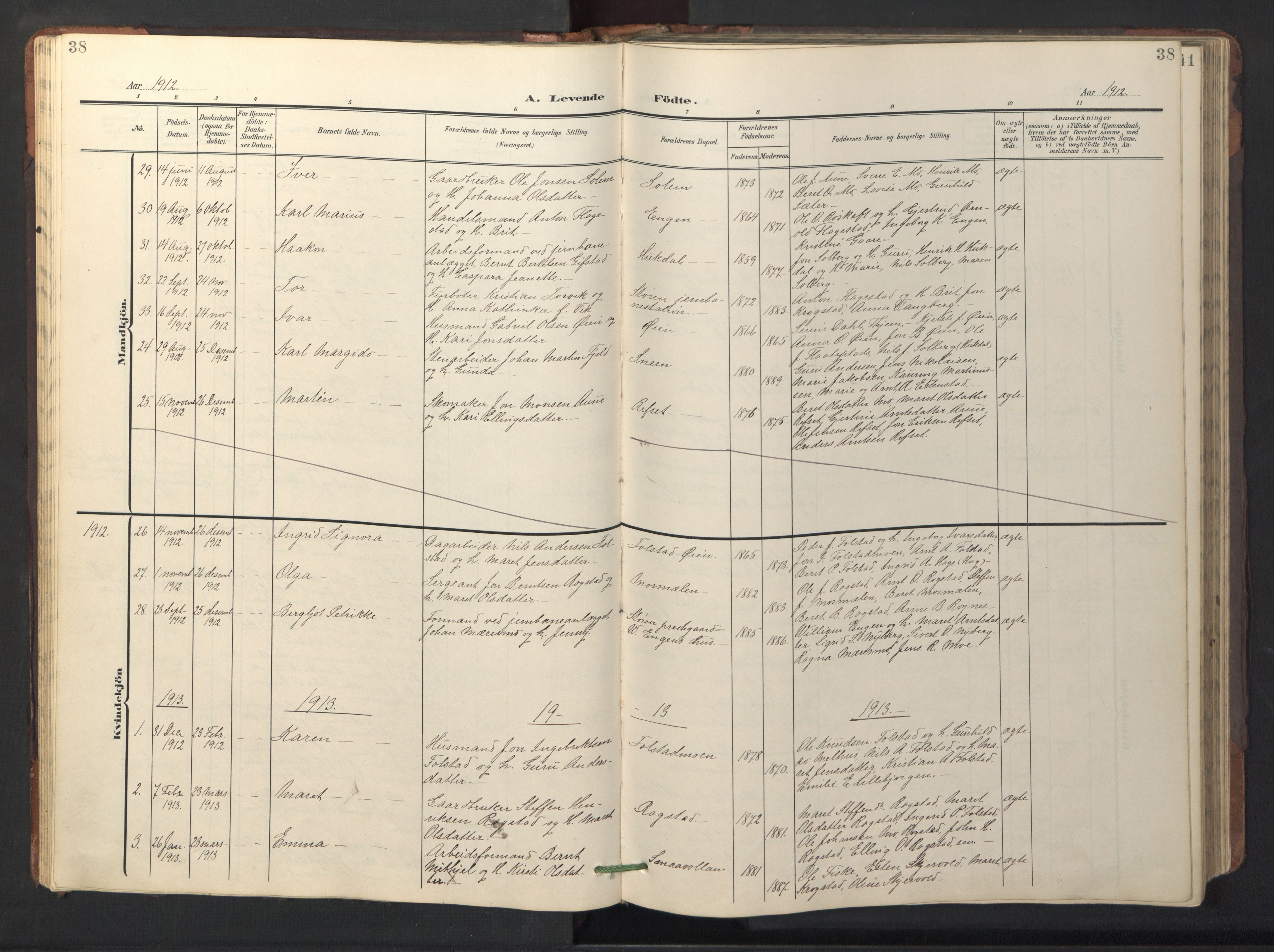 Ministerialprotokoller, klokkerbøker og fødselsregistre - Sør-Trøndelag, SAT/A-1456/687/L1019: Parish register (copy) no. 687C03, 1904-1931, p. 38