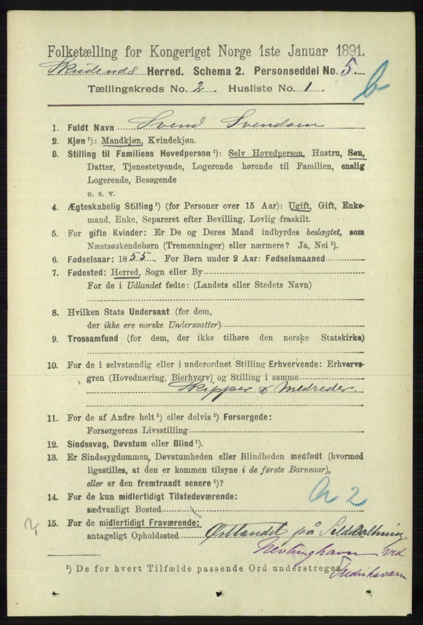 RA, 1891 census for 1150 Skudenes, 1891, p. 3713