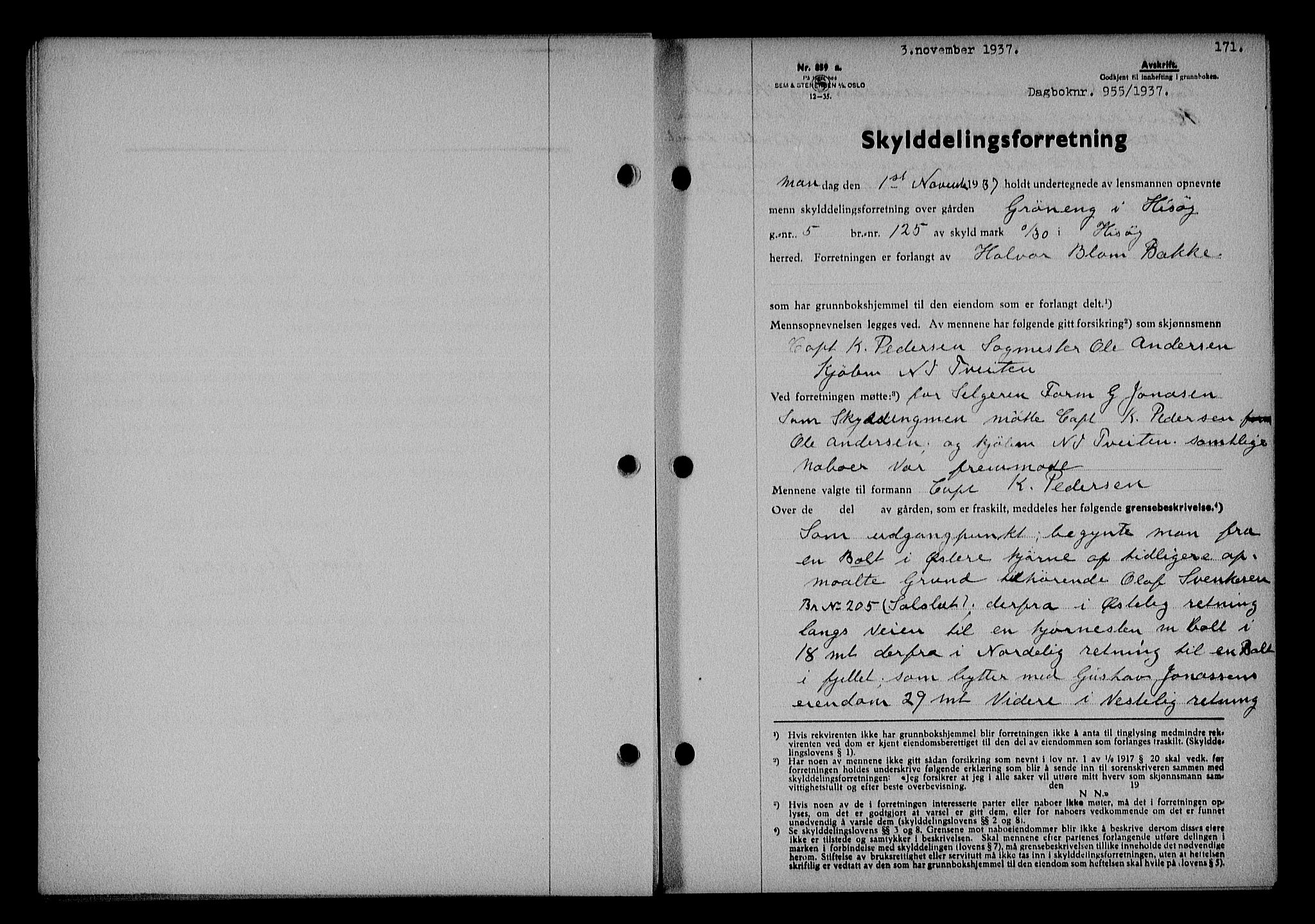 Nedenes sorenskriveri, SAK/1221-0006/G/Gb/Gba/L0044: Mortgage book no. 40, 1937-1938, Diary no: : 955/1937
