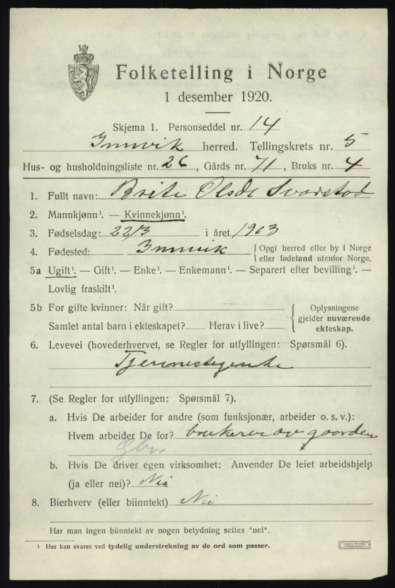 SAB, 1920 census for Innvik, 1920, p. 3009