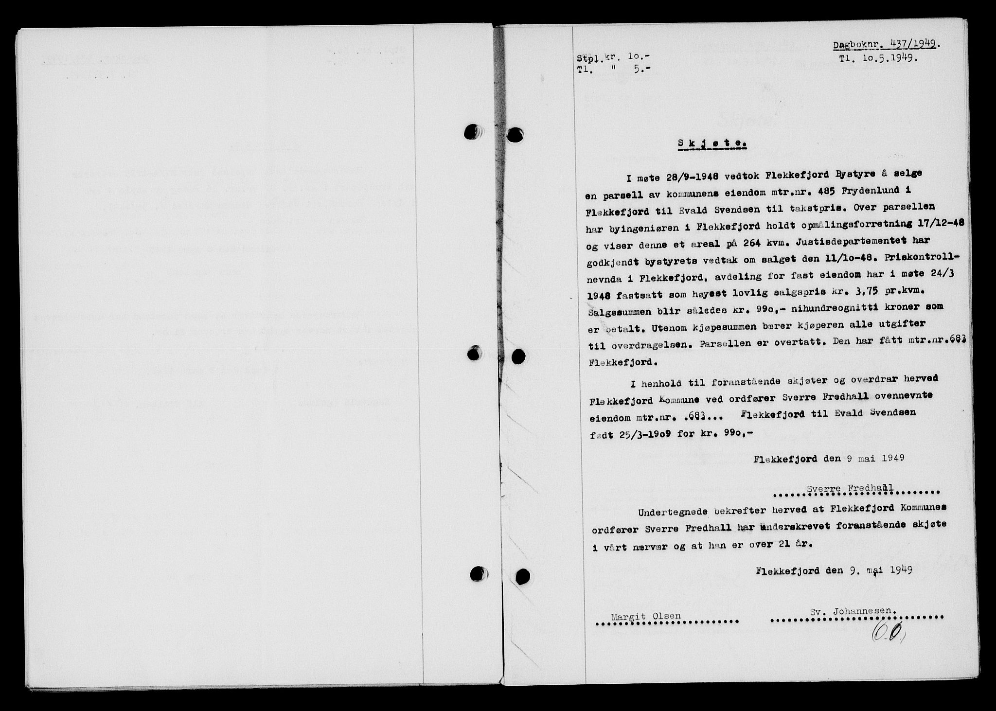 Flekkefjord sorenskriveri, SAK/1221-0001/G/Gb/Gba/L0065: Mortgage book no. A-13, 1949-1949, Diary no: : 437/1949