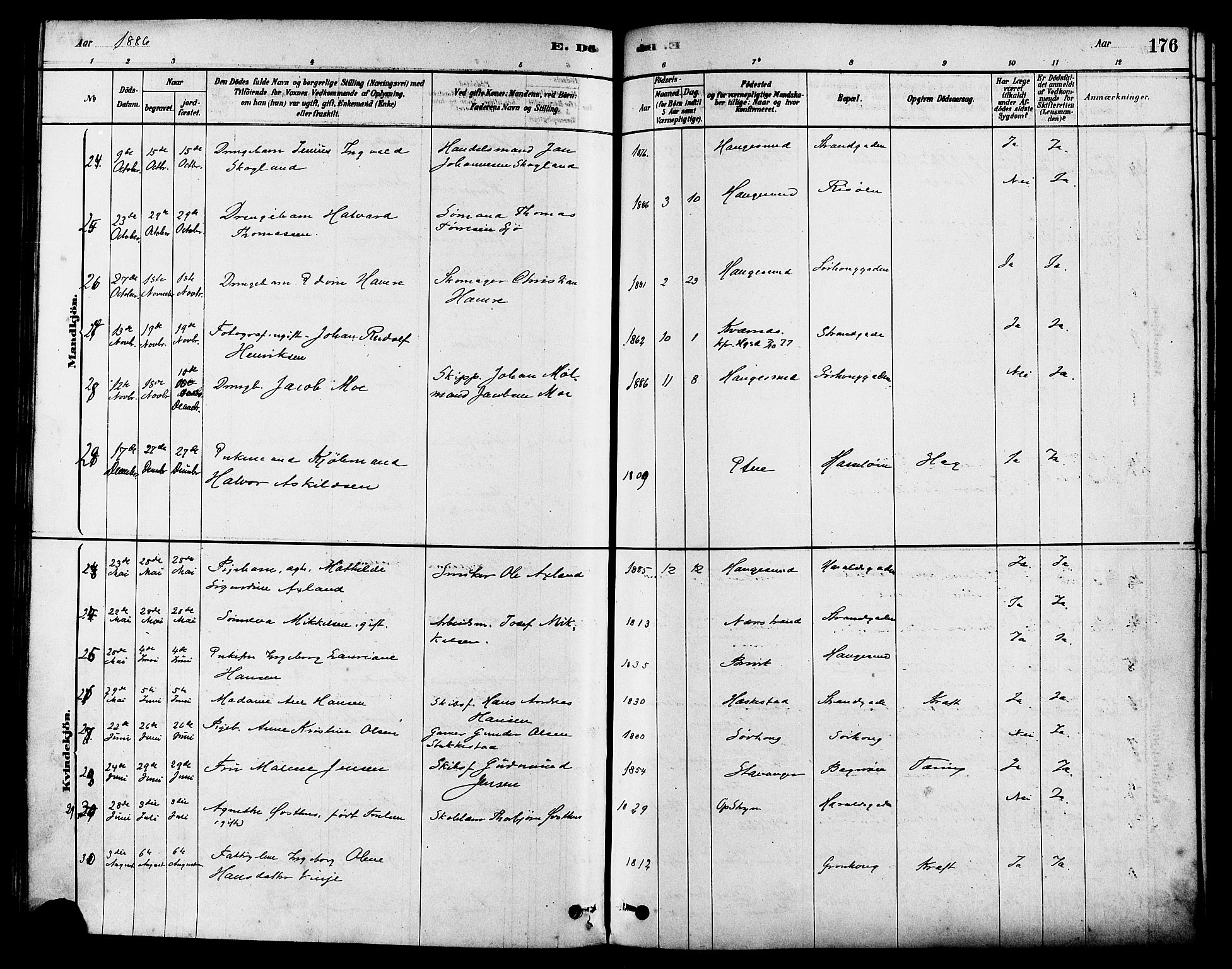 Haugesund sokneprestkontor, AV/SAST-A -101863/H/Ha/Haa/L0003: Parish register (official) no. A 3, 1885-1890, p. 176