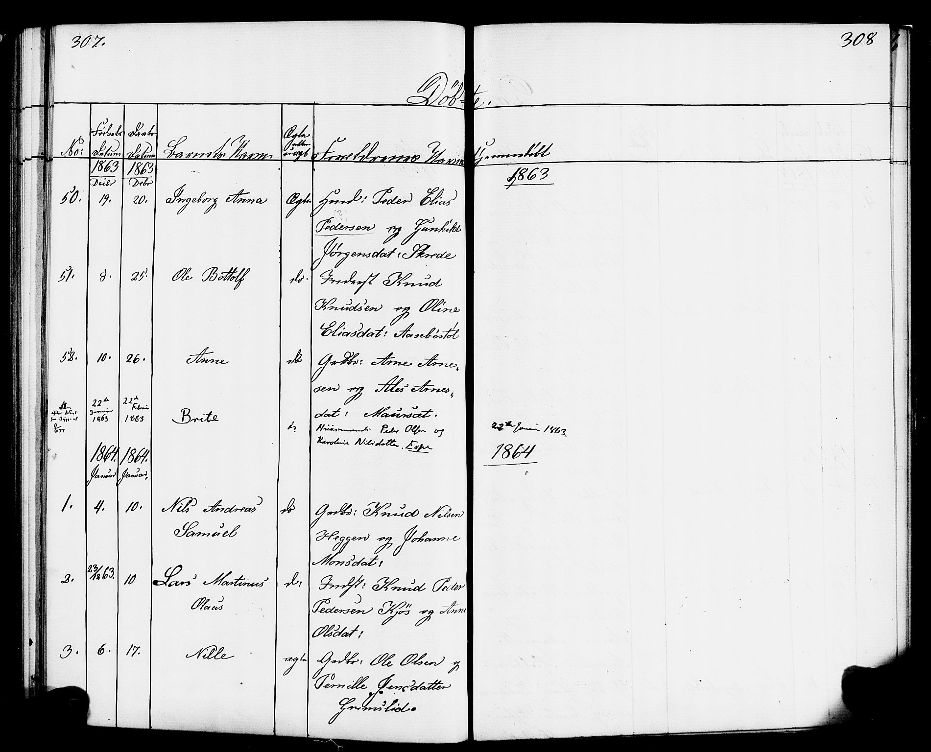 Hornindal sokneprestembete, SAB/A-82401/H/Haa/Haaa/L0001: Parish register (official) no. A 1, 1837-1866, p. 308-309