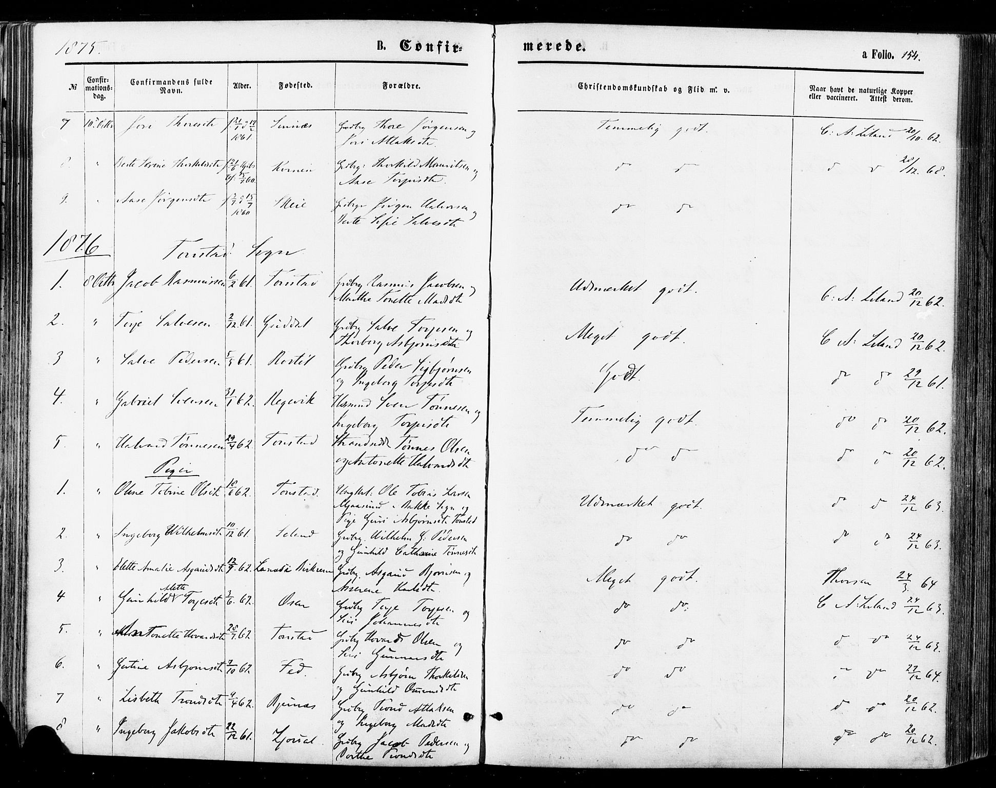 Sirdal sokneprestkontor, SAK/1111-0036/F/Fa/Fab/L0003: Parish register (official) no. A 3, 1874-1886, p. 154