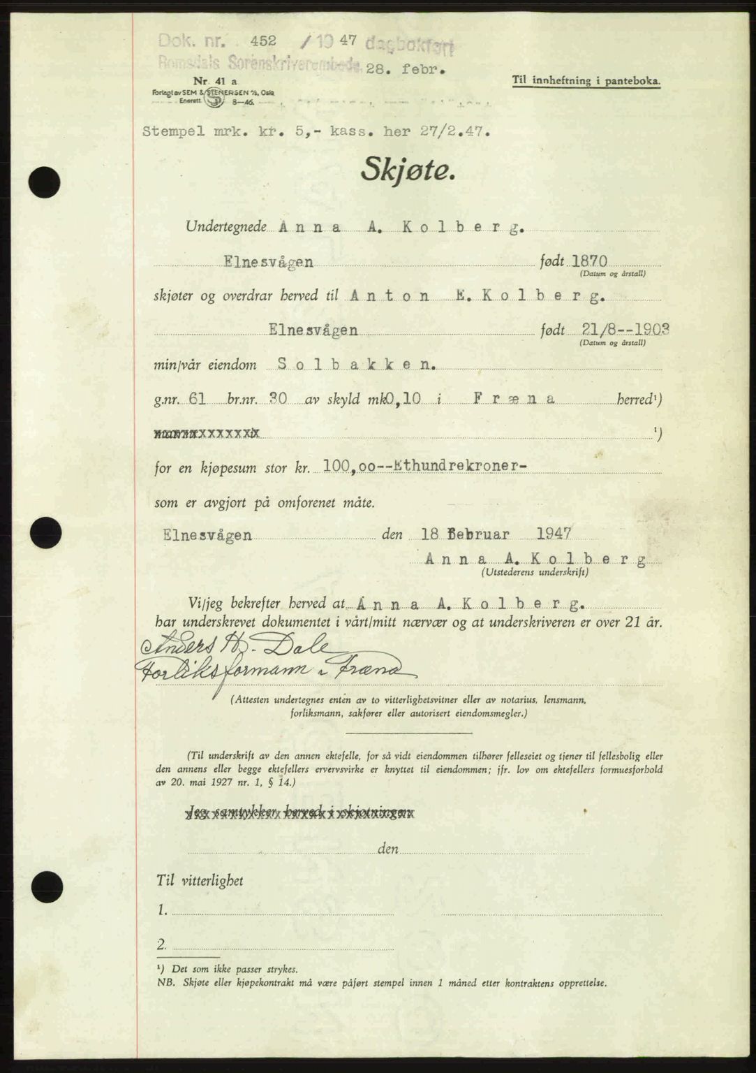 Romsdal sorenskriveri, AV/SAT-A-4149/1/2/2C: Mortgage book no. A22, 1947-1947, Diary no: : 452/1947