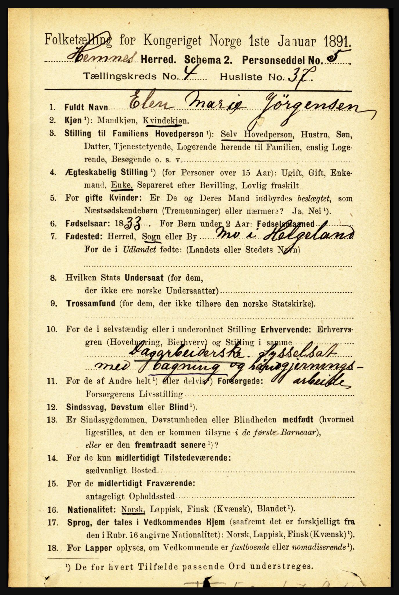 RA, 1891 census for 1832 Hemnes, 1891, p. 2481