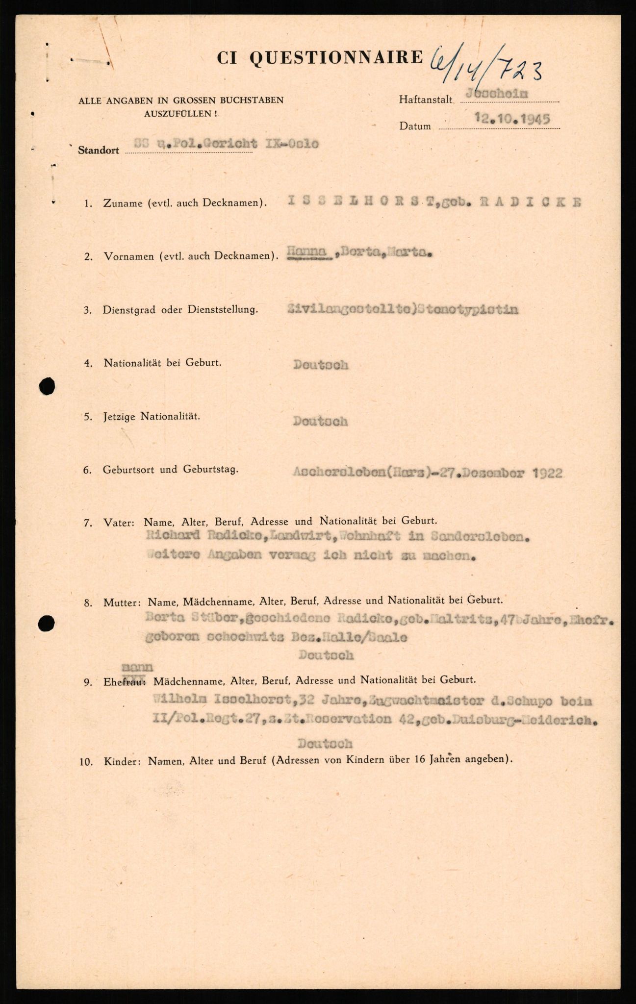 Forsvaret, Forsvarets overkommando II, RA/RAFA-3915/D/Db/L0014: CI Questionaires. Tyske okkupasjonsstyrker i Norge. Tyskere., 1945-1946, p. 417