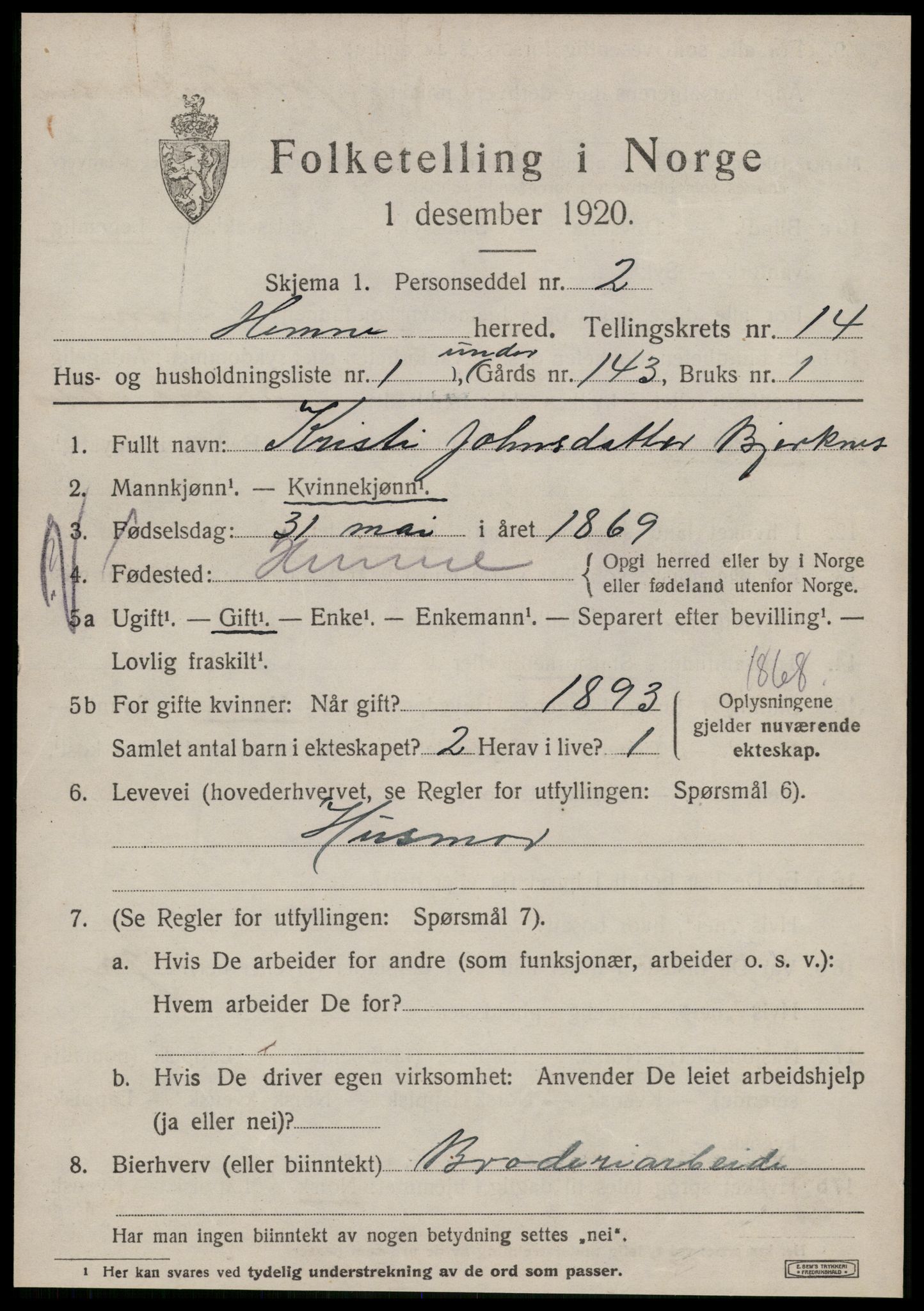 SAT, 1920 census for Hemne, 1920, p. 7932