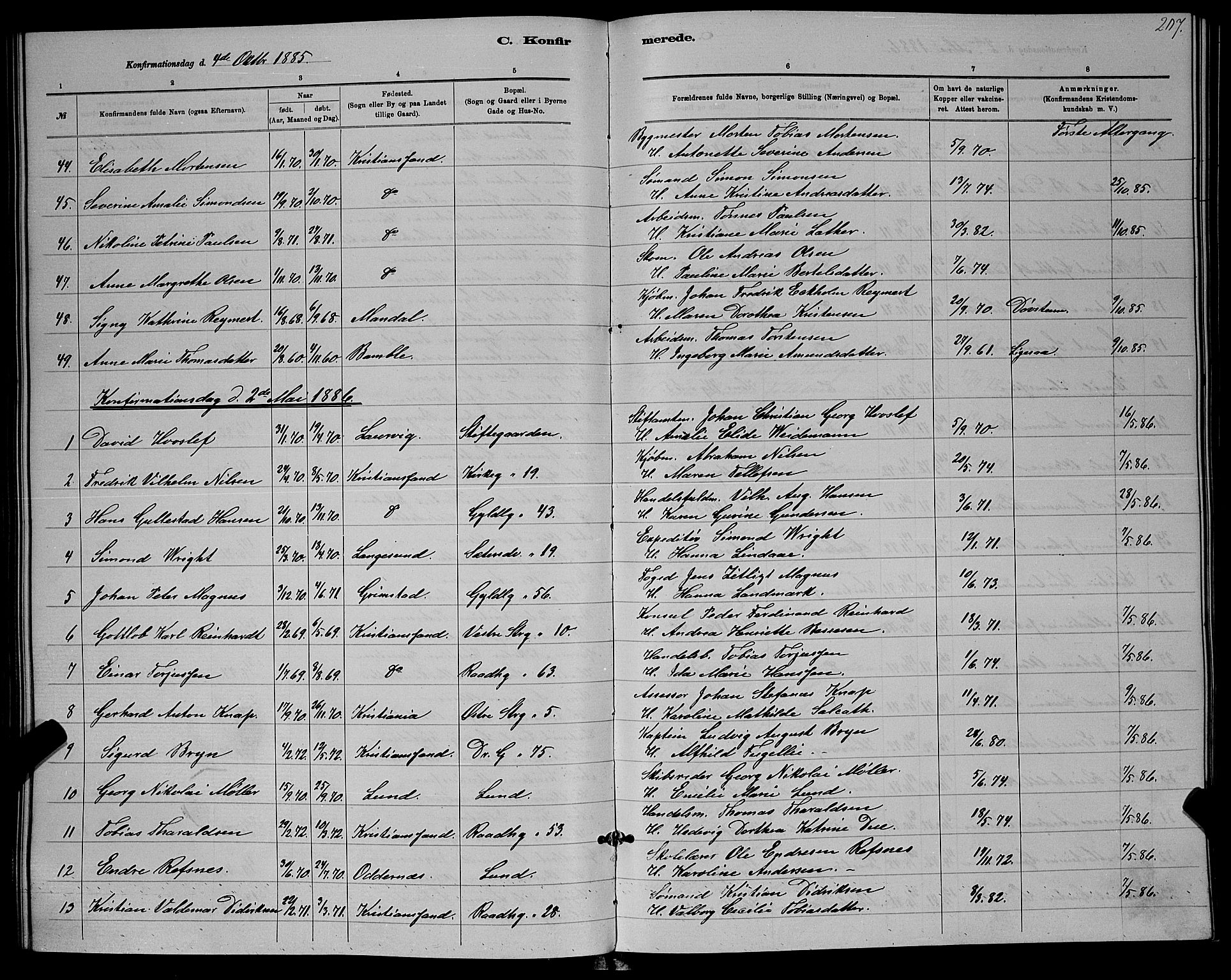 Kristiansand domprosti, SAK/1112-0006/F/Fb/L0016: Parish register (copy) no. B 16, 1881-1893, p. 207