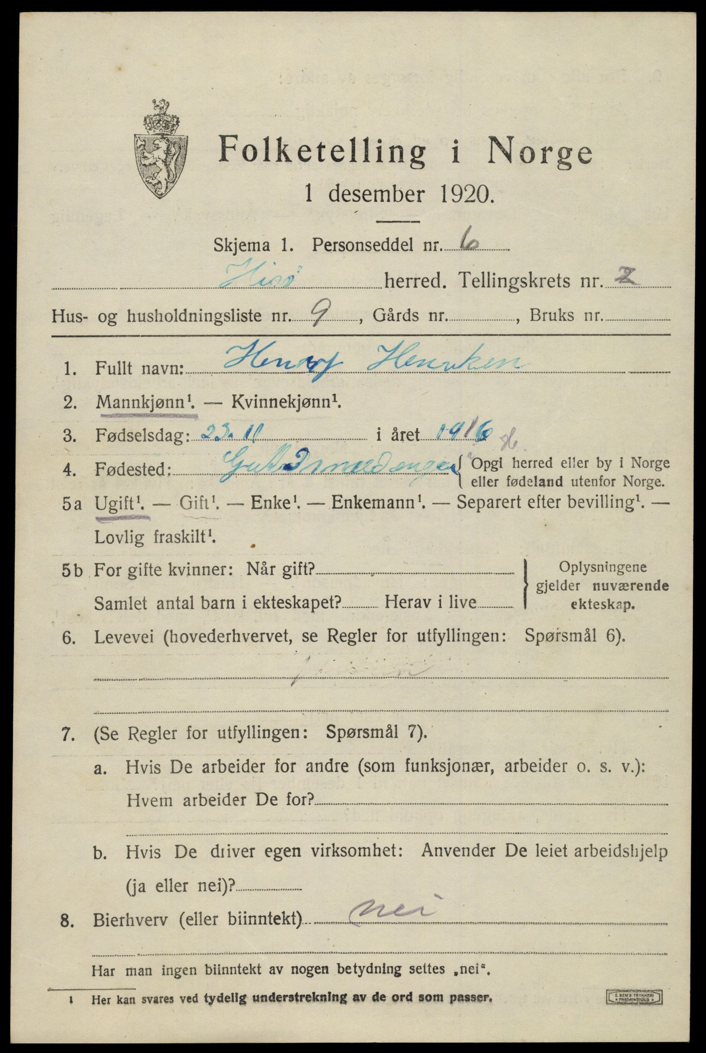 SAK, 1920 census for Hisøy, 1920, p. 2500