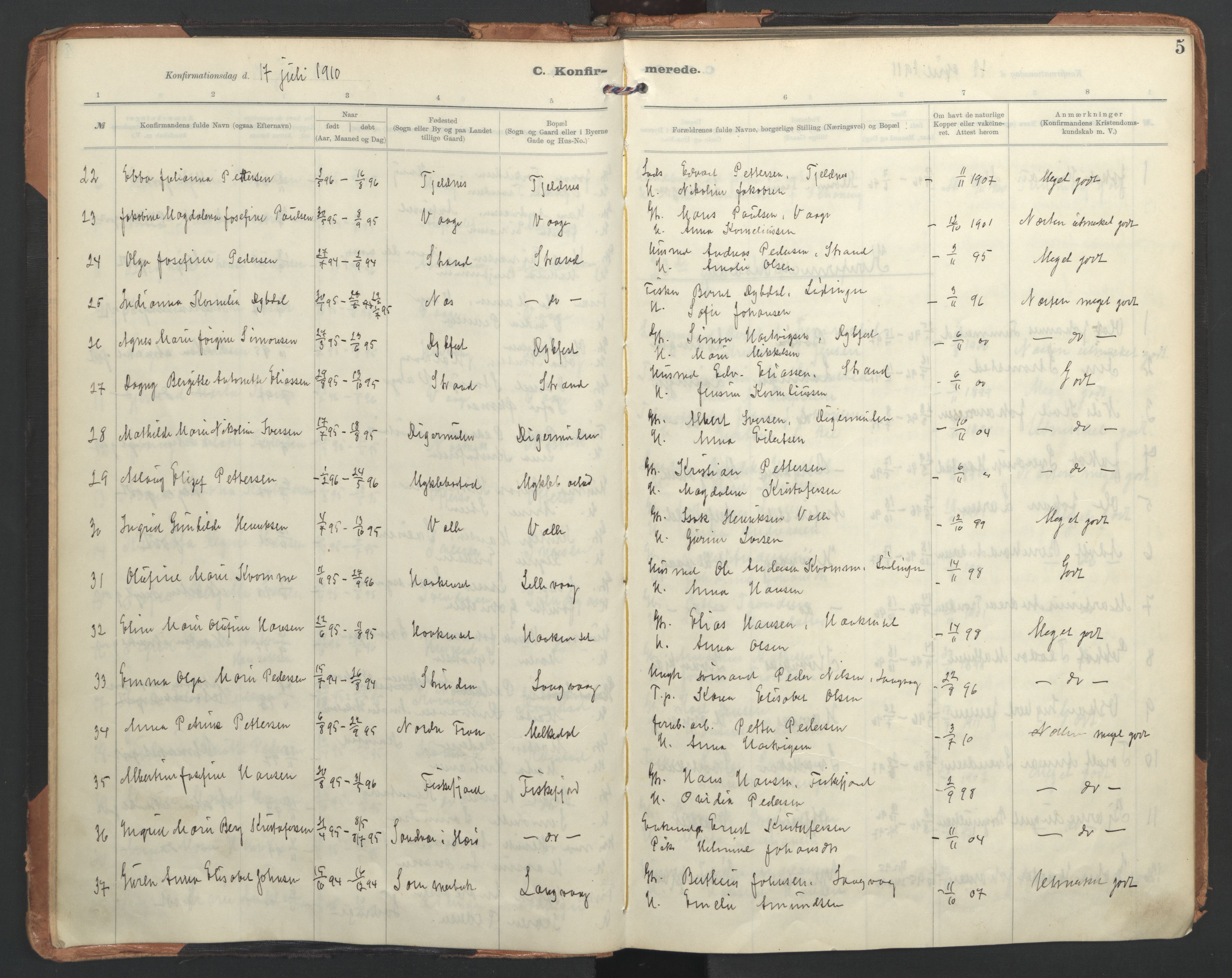 Ministerialprotokoller, klokkerbøker og fødselsregistre - Nordland, AV/SAT-A-1459/872/L1042: Parish register (official) no. 872A17, 1910-1937, p. 5