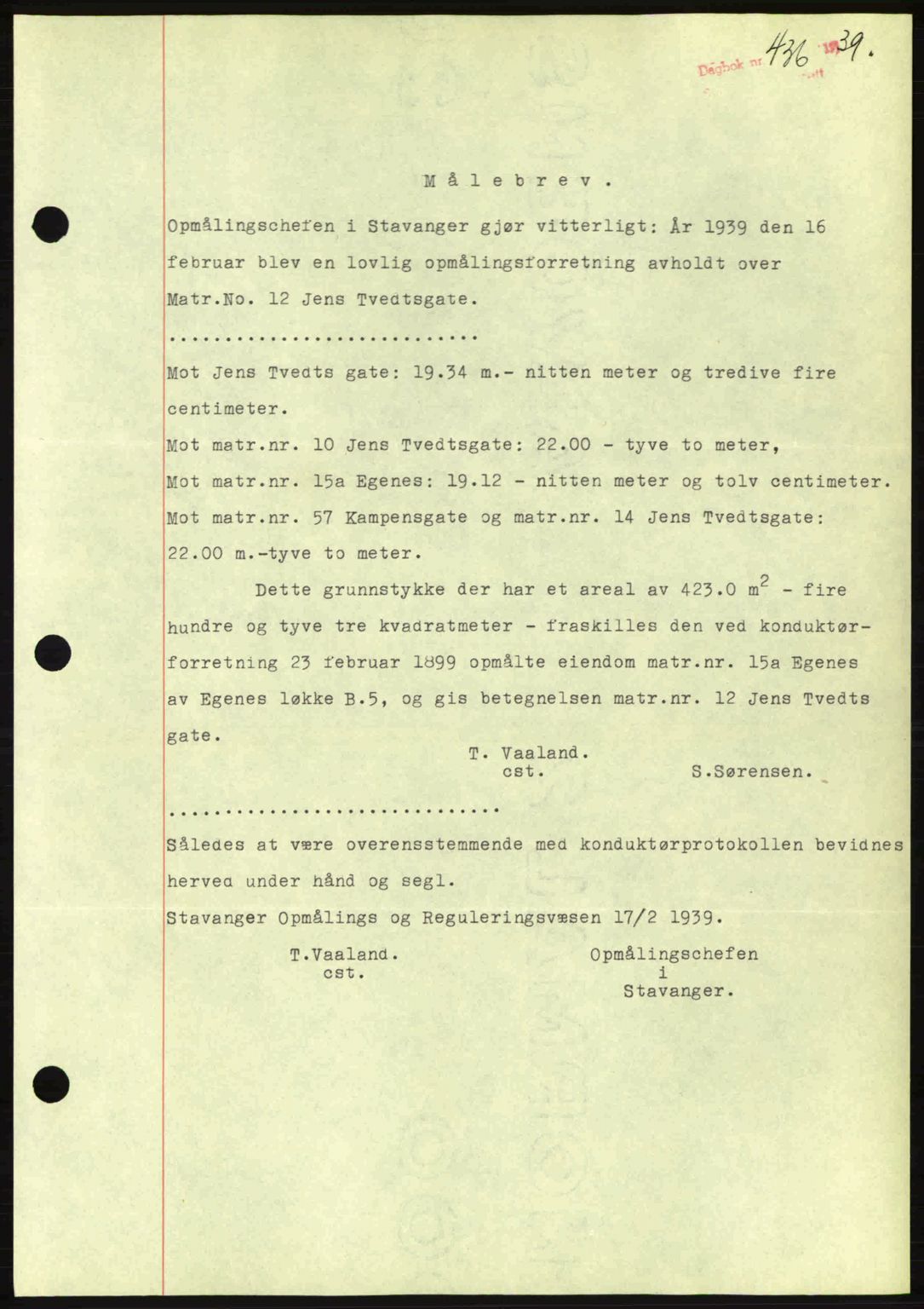 Stavanger byrett, SAST/A-100455/002/G/Gb/L0014: Mortgage book no. A4, 1938-1939, Diary no: : 436/1939