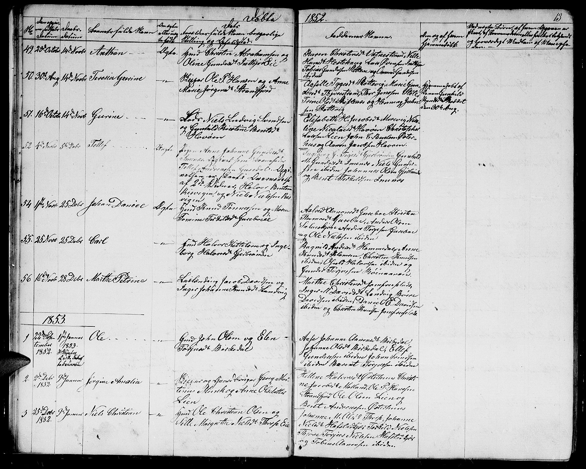 Hommedal sokneprestkontor, SAK/1111-0023/F/Fb/Fbb/L0005: Parish register (copy) no. B 5, 1850-1869, p. 13