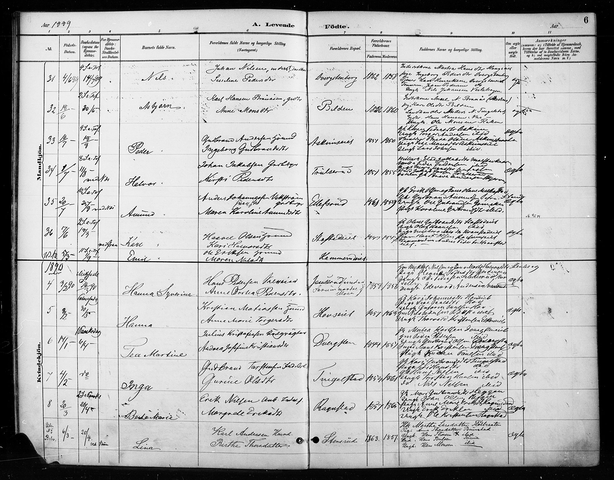 Gran prestekontor, SAH/PREST-112/H/Ha/Haa/L0018: Parish register (official) no. 18, 1889-1899, p. 6