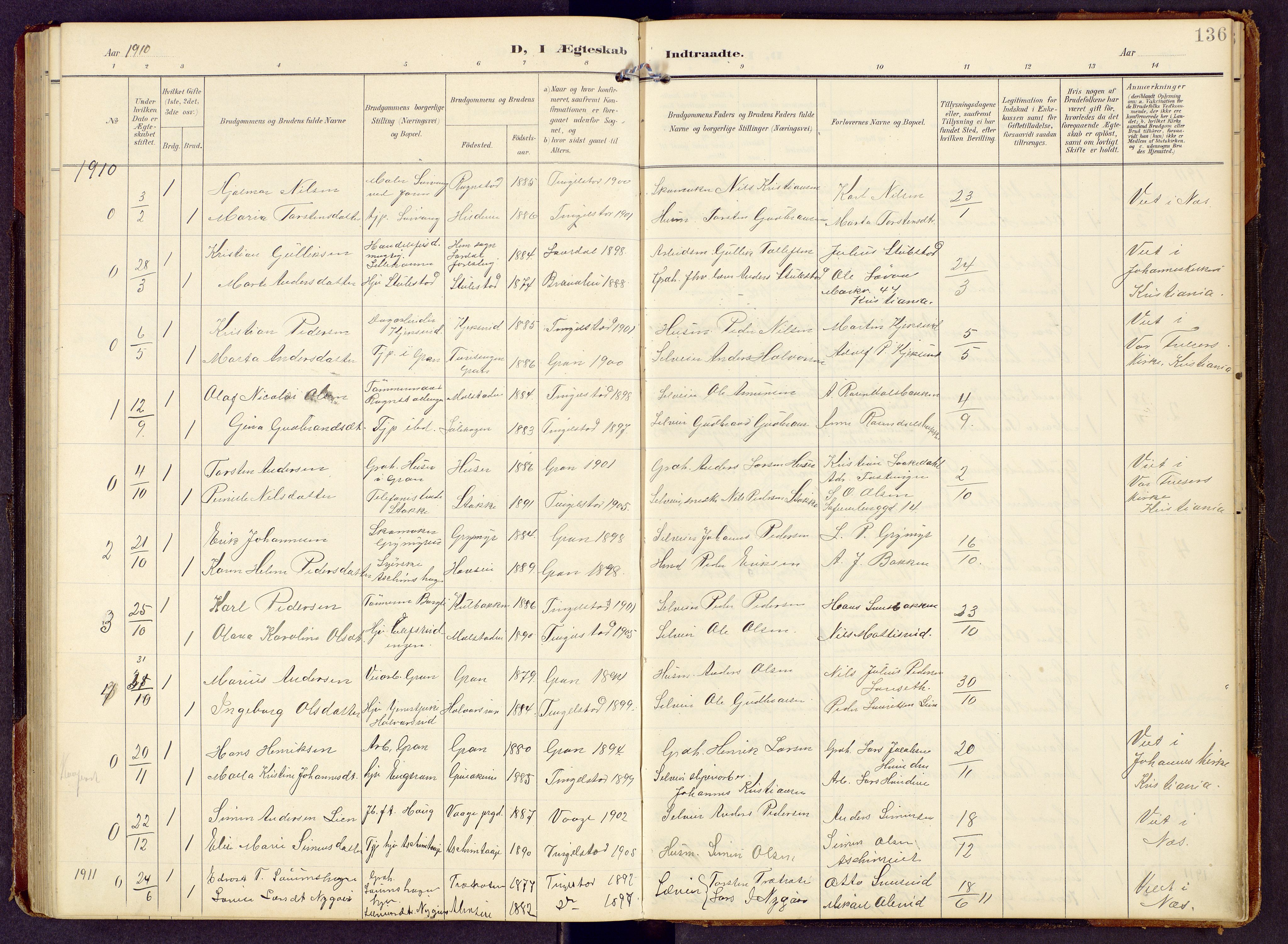Brandbu prestekontor, SAH/PREST-114/H/Ha/Hab/L0009: Parish register (copy) no. 9, 1903-1916, p. 136