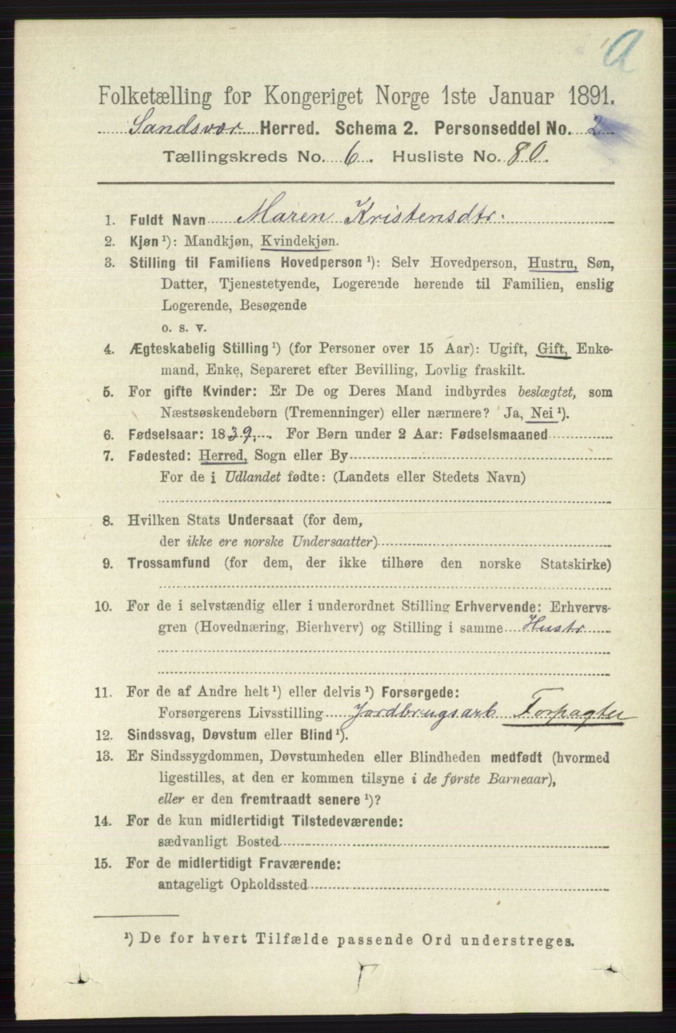 RA, 1891 census for 0629 Sandsvær, 1891, p. 3910