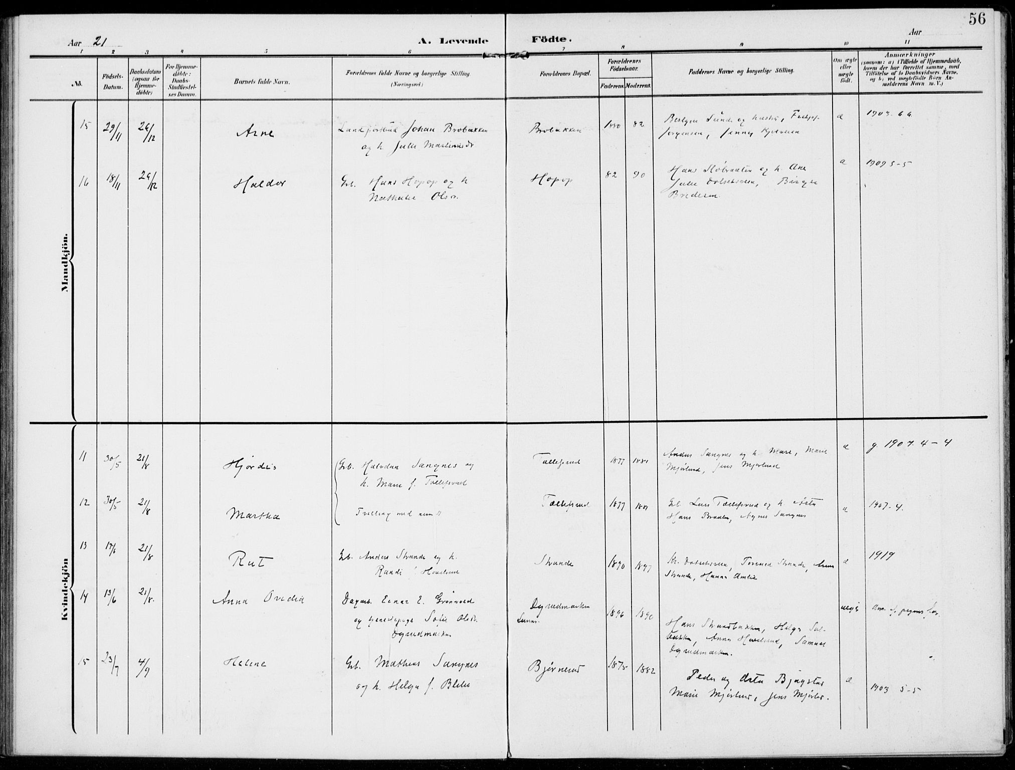 Kolbu prestekontor, AV/SAH-PREST-110/H/Ha/Haa/L0001: Parish register (official) no. 1, 1907-1923, p. 56