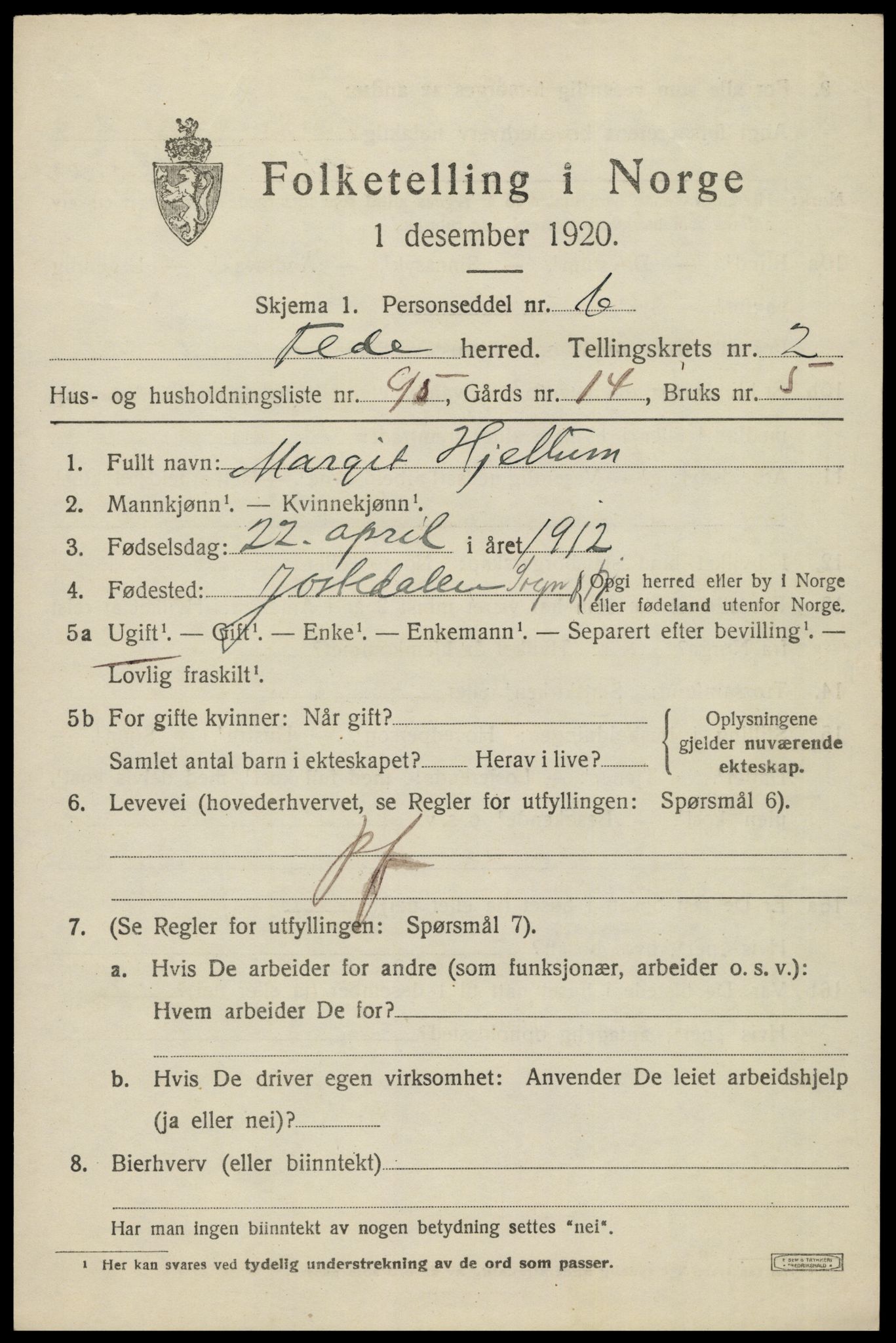 SAK, 1920 census for Feda, 1920, p. 1713