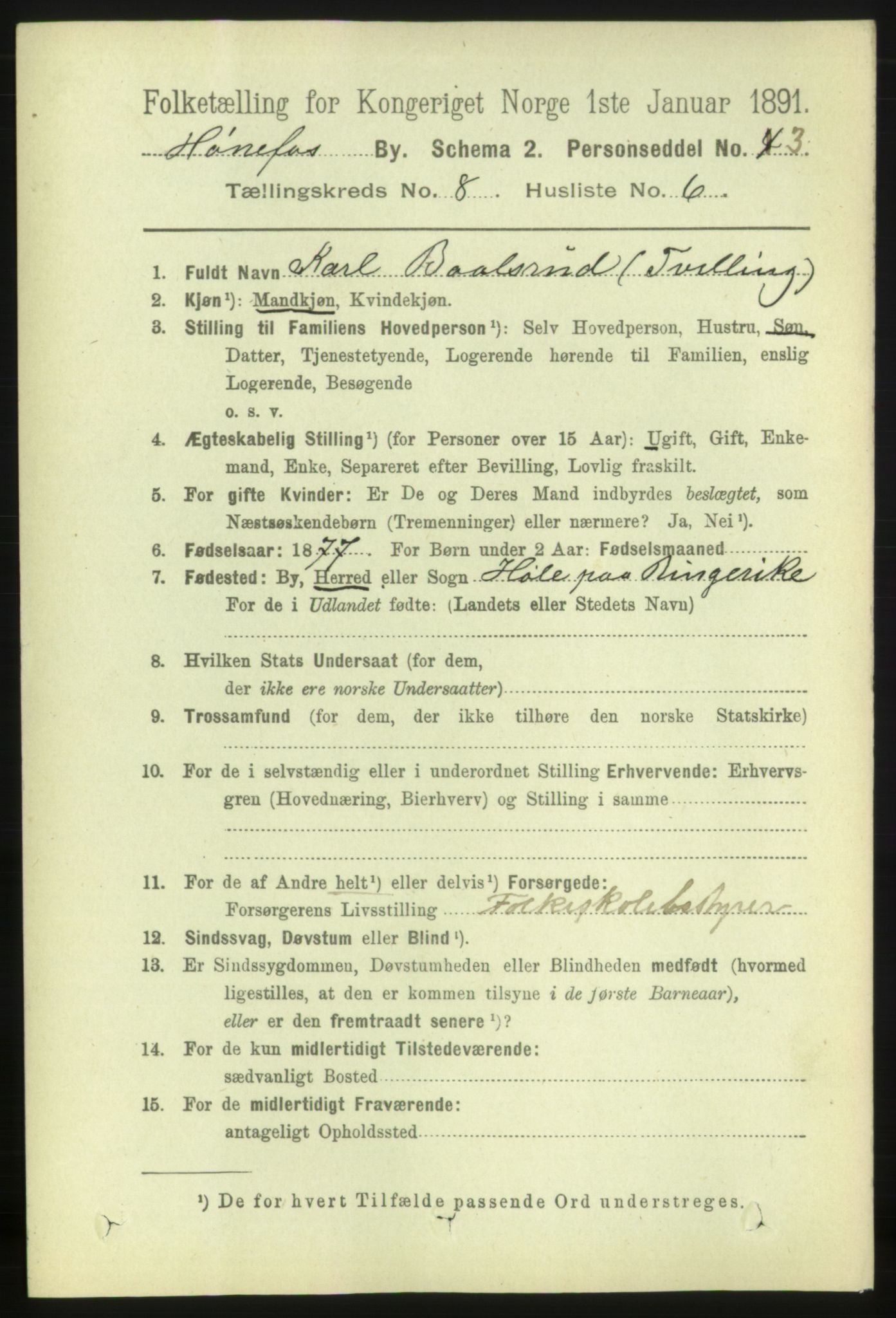 RA, 1891 census for 0601 Hønefoss, 1891, p. 1314