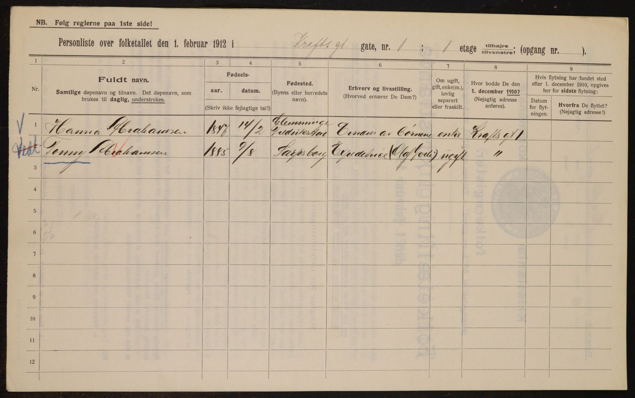 OBA, Municipal Census 1912 for Kristiania, 1912, p. 54183